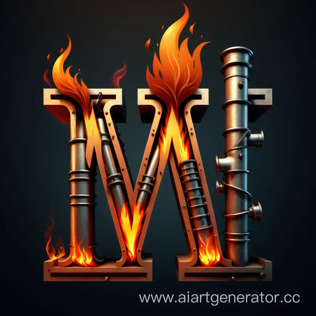 Letter W with fire and pipes 