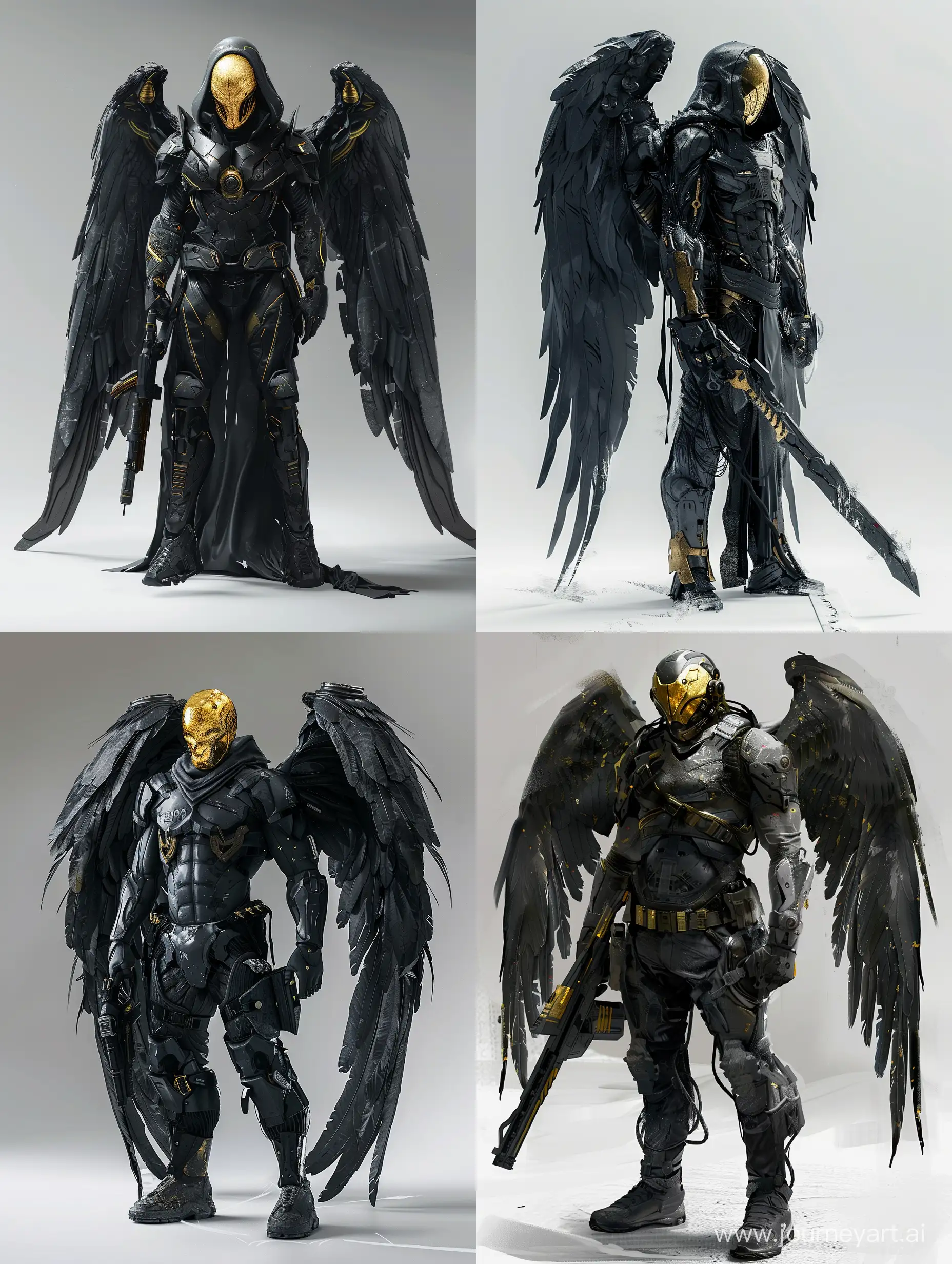 concept art, sci - fi male hunter full body character concept, dark angel, black wings, gold mask, epic pose , insane detail