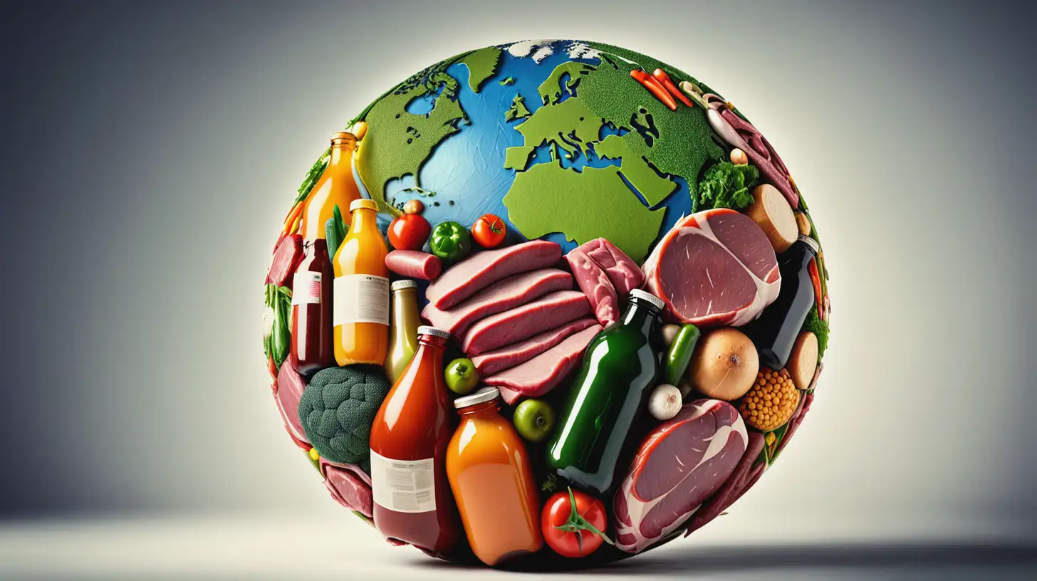 sustainable food and drink globe concept, processed food, meat, bottles, UK central to image