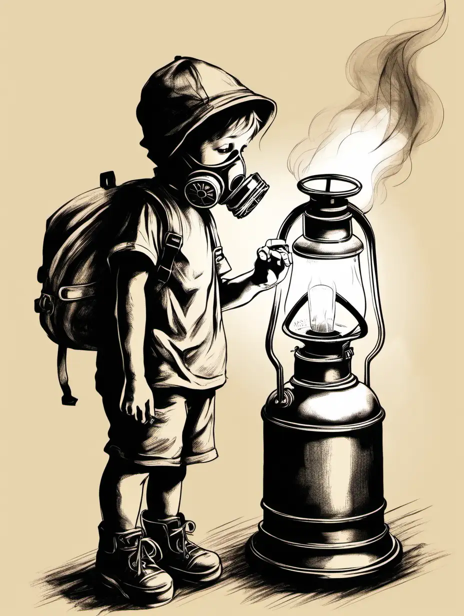 Little boy with Gas mask using Hurricane lamp with fire sketch