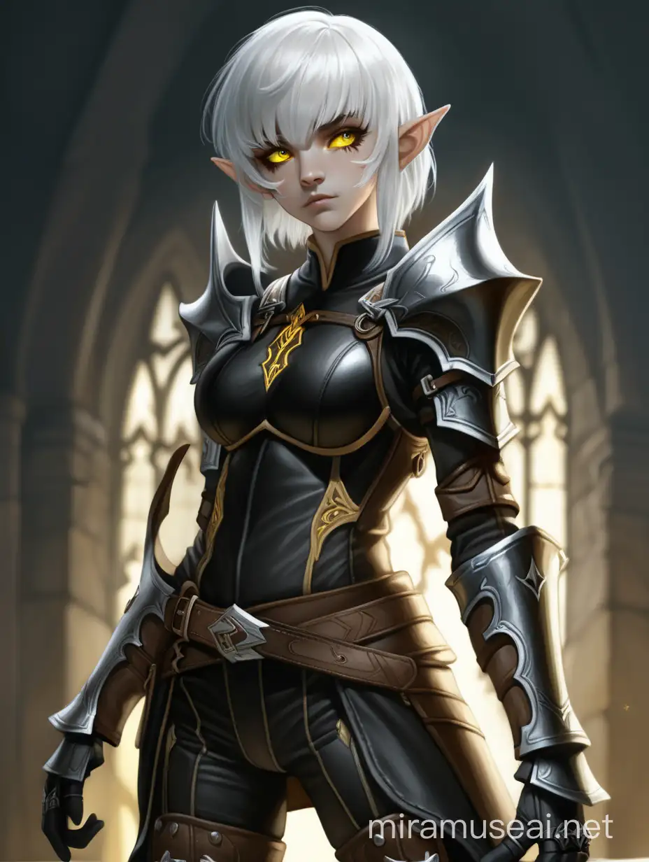 A girl, short shaggy white hair, elf ears, glowing yellow eyes, small scars on face, black and brown outfit, long sleeves, gloves, full body, slitted pupils, wearing leather armour 