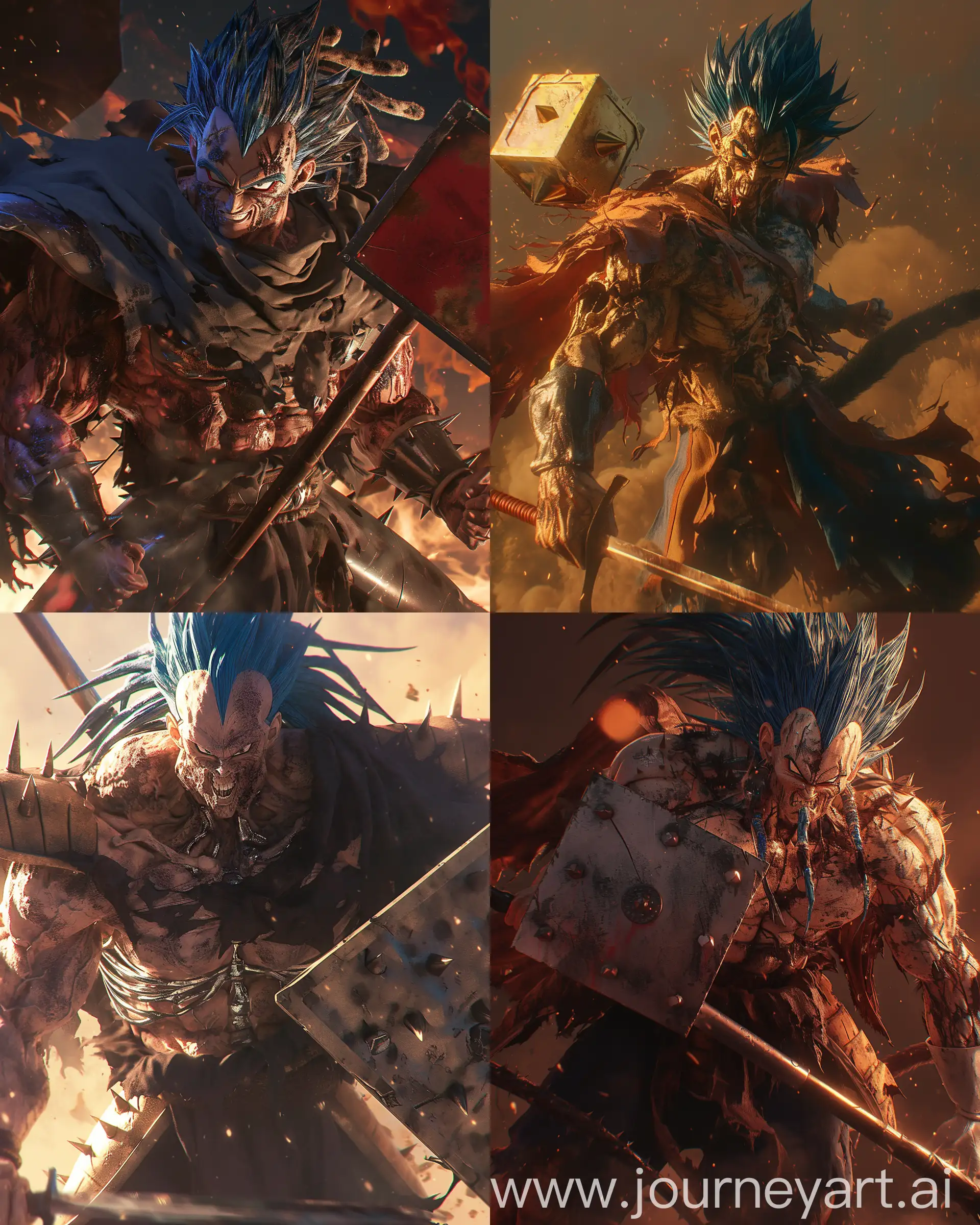 full body cinematic soft lighting depth-of-field, real  super saiyan  Vegeta from Dragonball world with a large body warrior with skeleton armor and with Victorian cape and wide robe, holding a large sword and large Square shield with the same style and battle scars and dirt on the face, in the middle of a battle, extreme details, volumetric lighting, cinematic scene, full focus,  large neck and wide shoulder muscles and thick veins, large thick muscles looks so strong and aggressive and focuses on the viewer with a mean attitude, torn clothes, sweating with shiny skin, resembling Majin, super crispy detail hyperrealistic, dreadlocks style, elaborate design with a large spiked detailed sword, he is still Vegeta from dragon ball world, Vegeta head and blue hair, 32k, UHD, HDR --ar 4:5  --niji 6