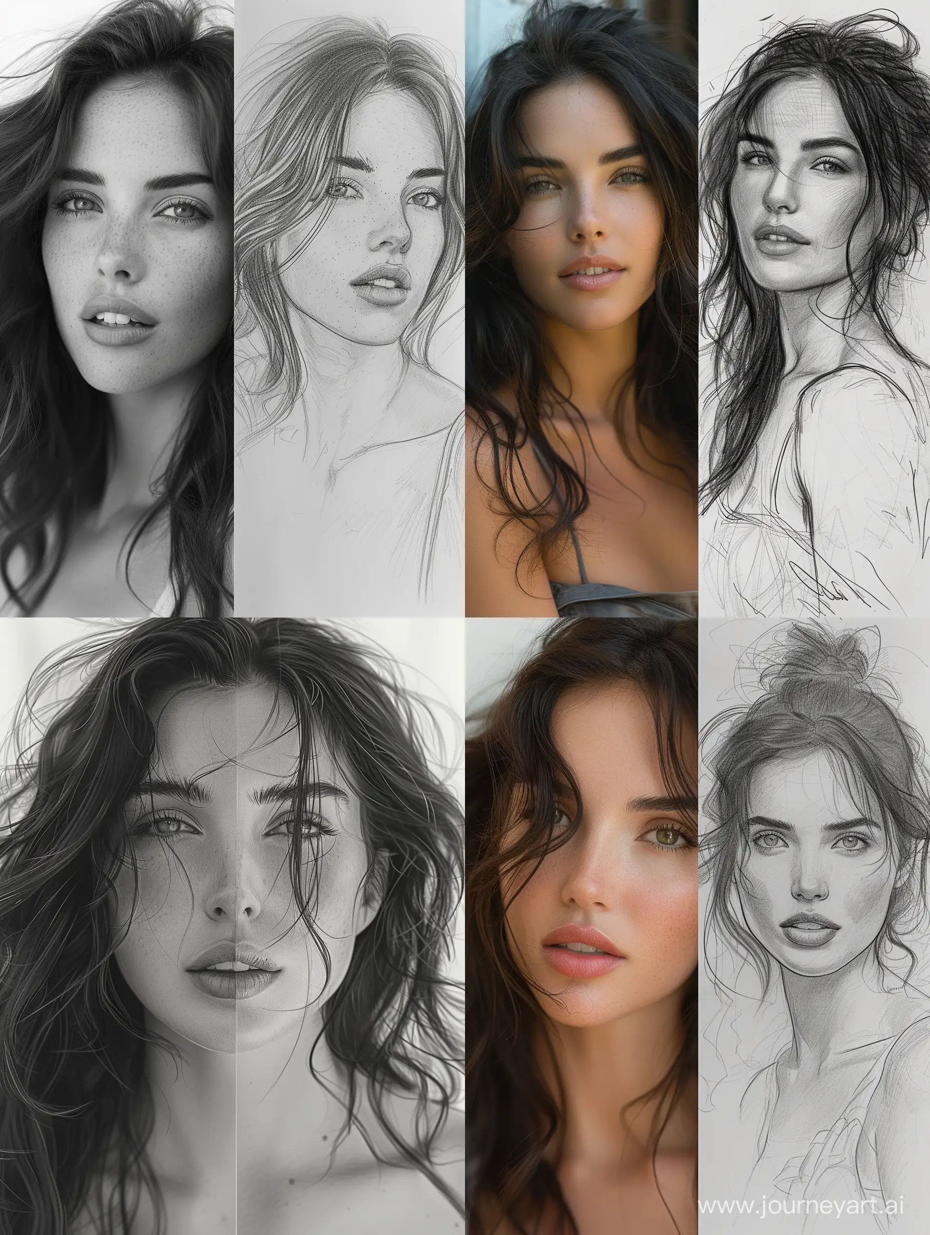 /imagine [A split image with a realistic portrait photo of a beautiful woman with thick hair and a morning fresh look on one side and a pencil sketch drawing of the same image on the other side.] --s 750