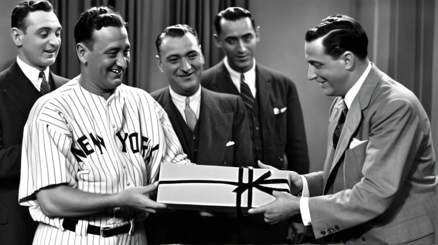 Lou Gehrig dressed in a New York Yankees Jersey receives a gift from a person dressed in a suit