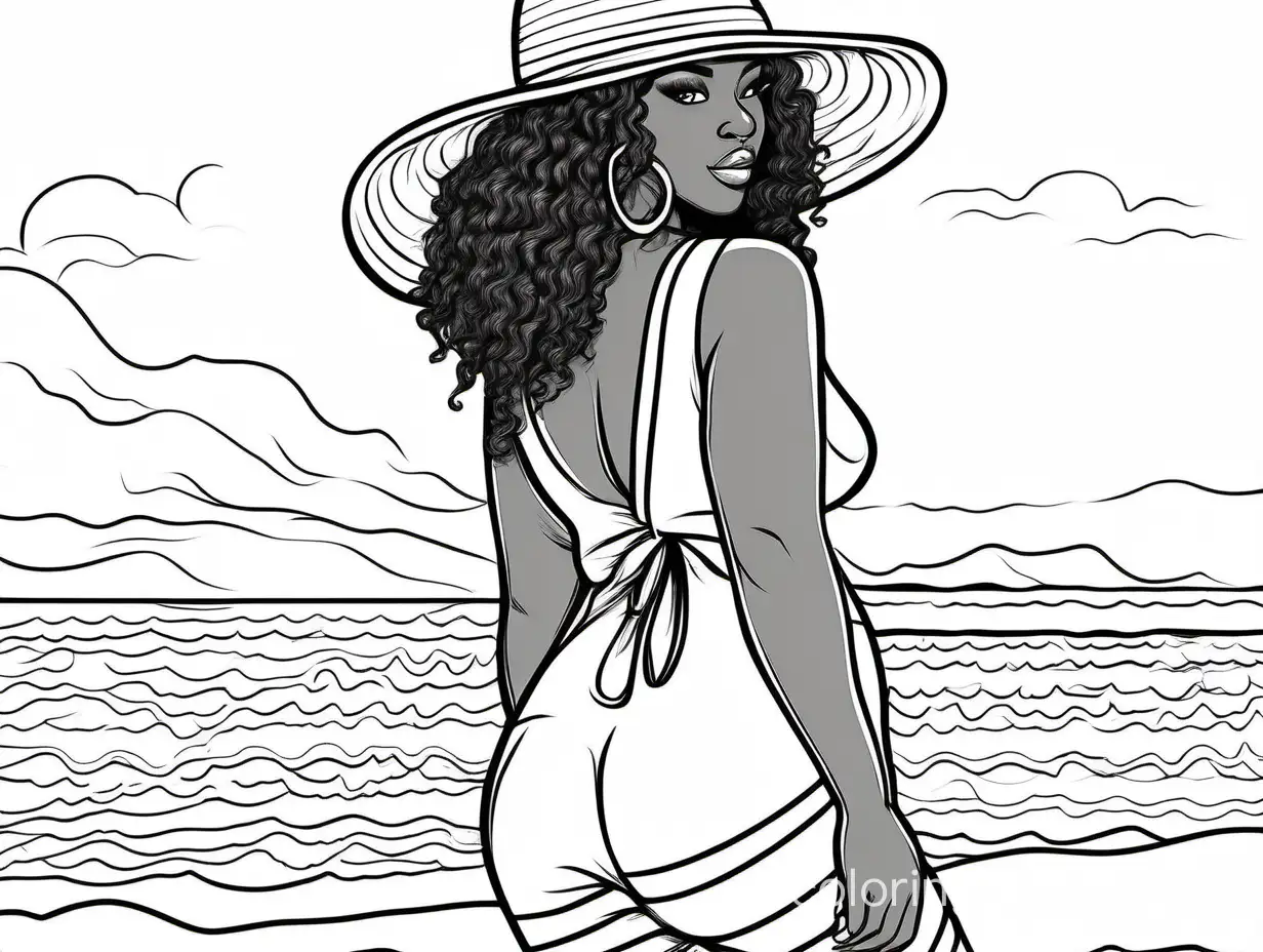 Pretty black, curvy woman, beach, hat, and back, Coloring Page, black and white, line art, white background, Simplicity, Ample White Space. The background of the coloring page is plain white to make it easy for young children to color within the lines. The outlines of all the subjects are easy to distinguish, making it simple for kids to color without too much difficulty