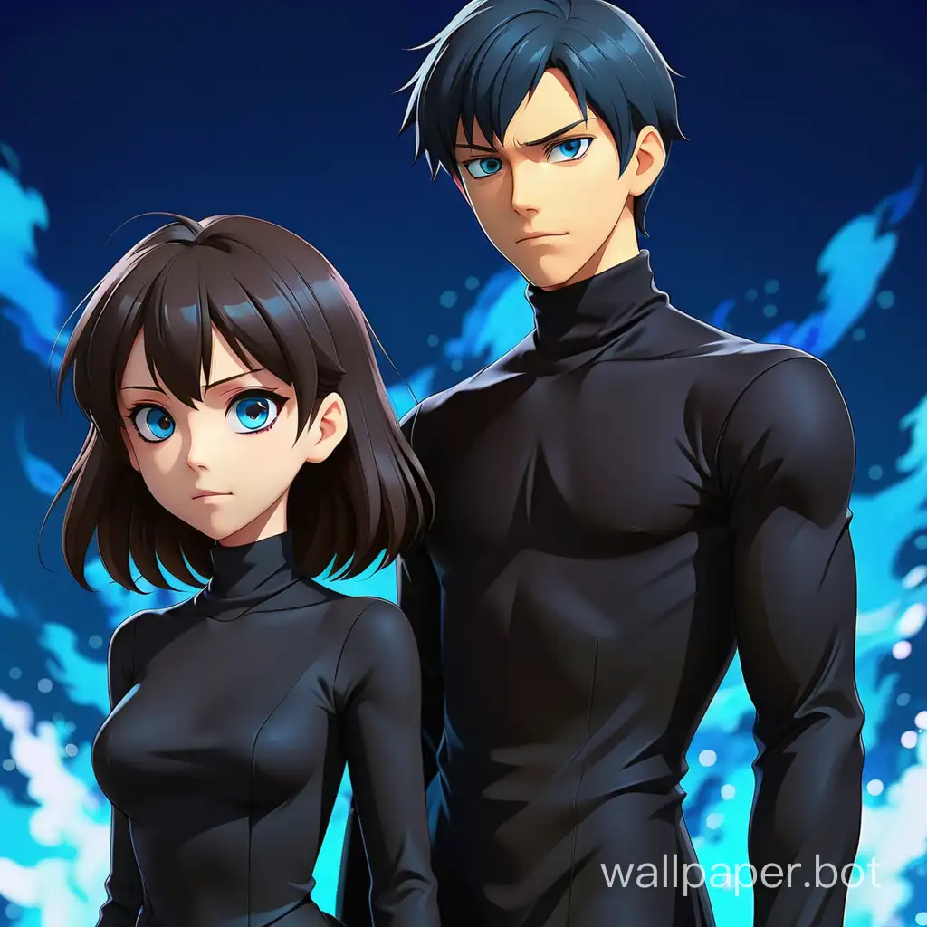 An anime guy in a black turtleneck with an anime girl in a black gown standing in a blurry blue background