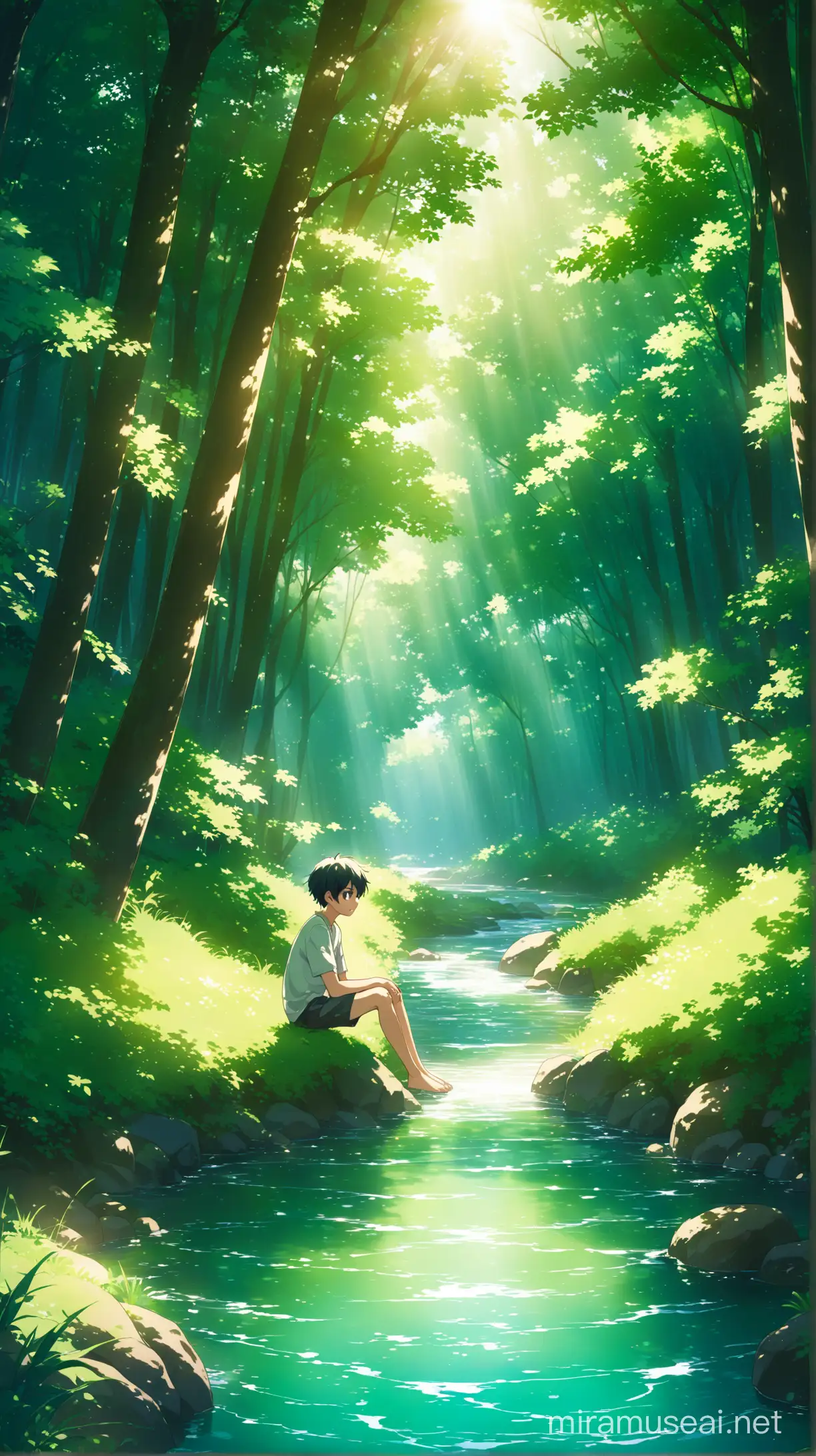 Tranquil Forest Stream Scene with Boy Anime Style Art