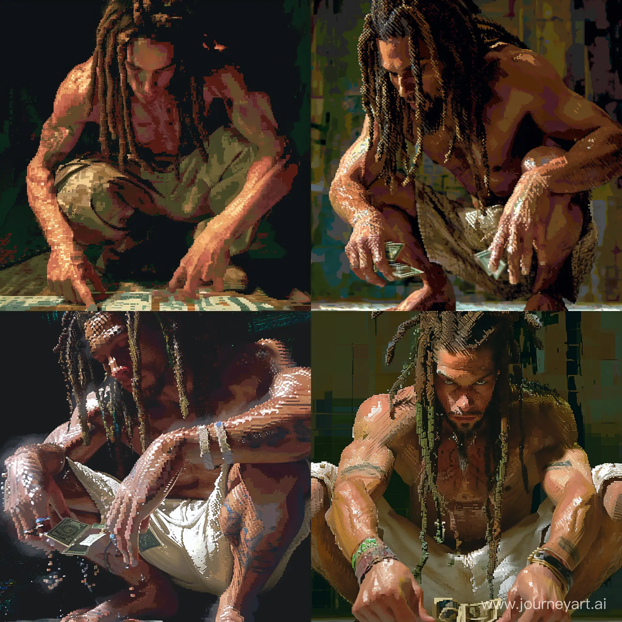
pixelated glitchart of close-up of White man with dreadlocks squatting and doing a money spread , ps1 playstation psx gamecube game radioactive dreams screencapture, bryce 3d