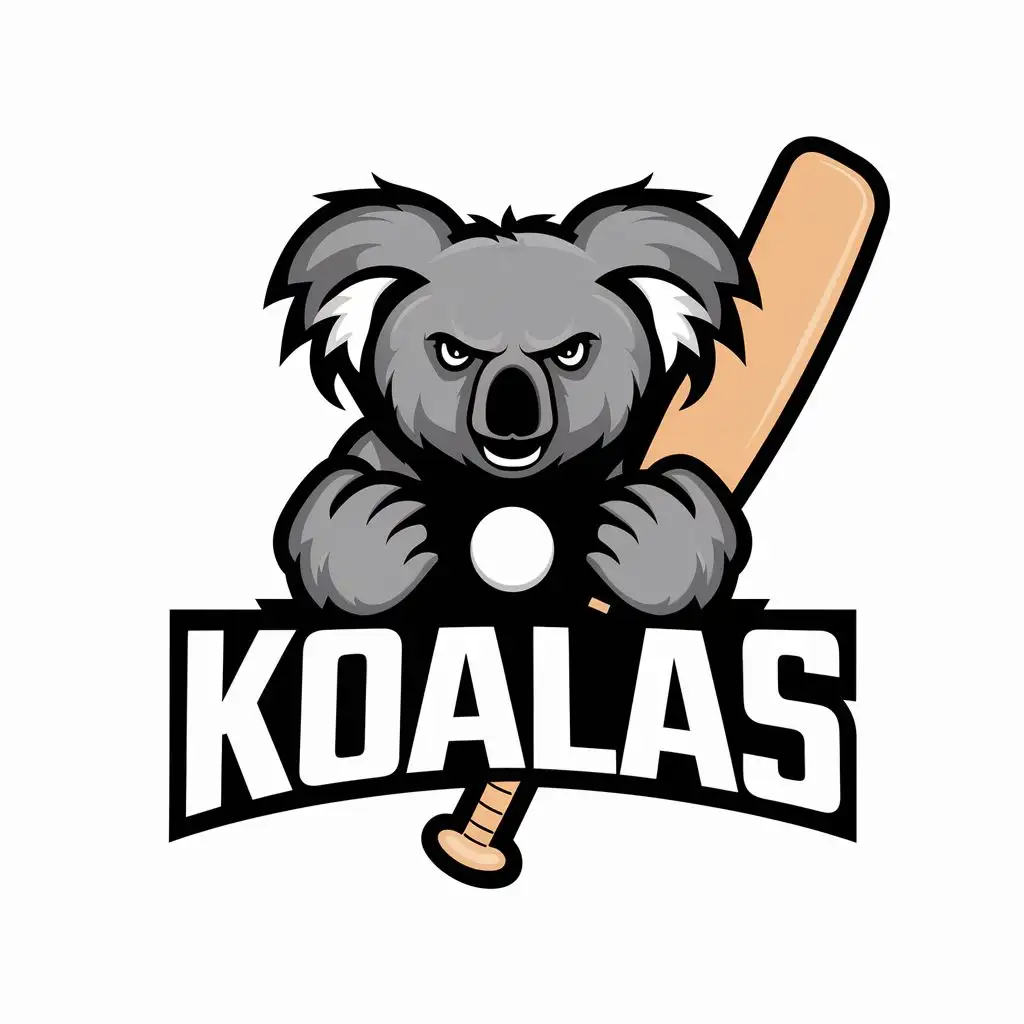 logo, tough looking koala bear with cricket bat and ball with white background, with the text "Koalas", typography, be used in Sports Fitness industry