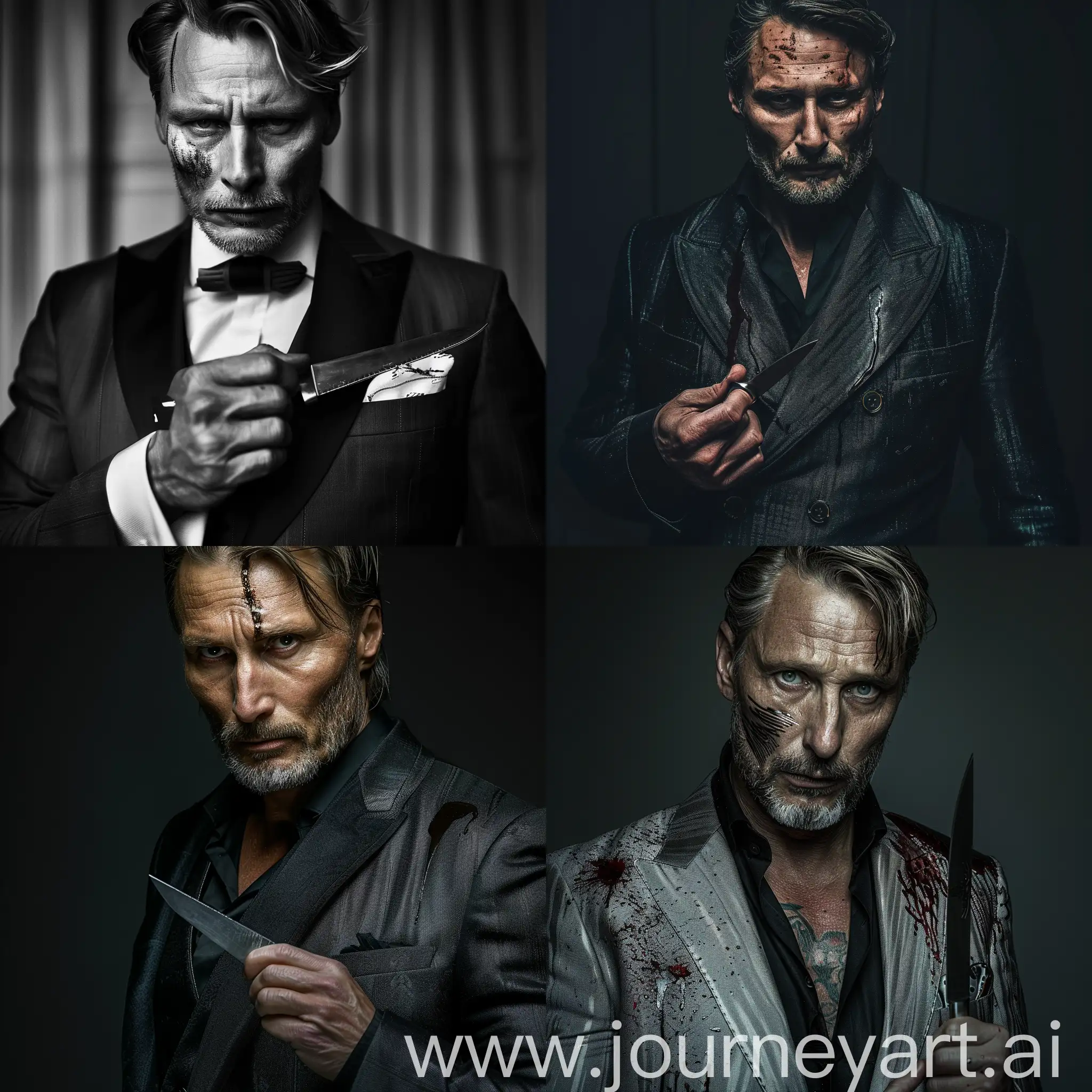 Mads Mikkelsen in luxury suit. Shaved face. He has a knife on his hand. Cinematic shot. Realistic image.