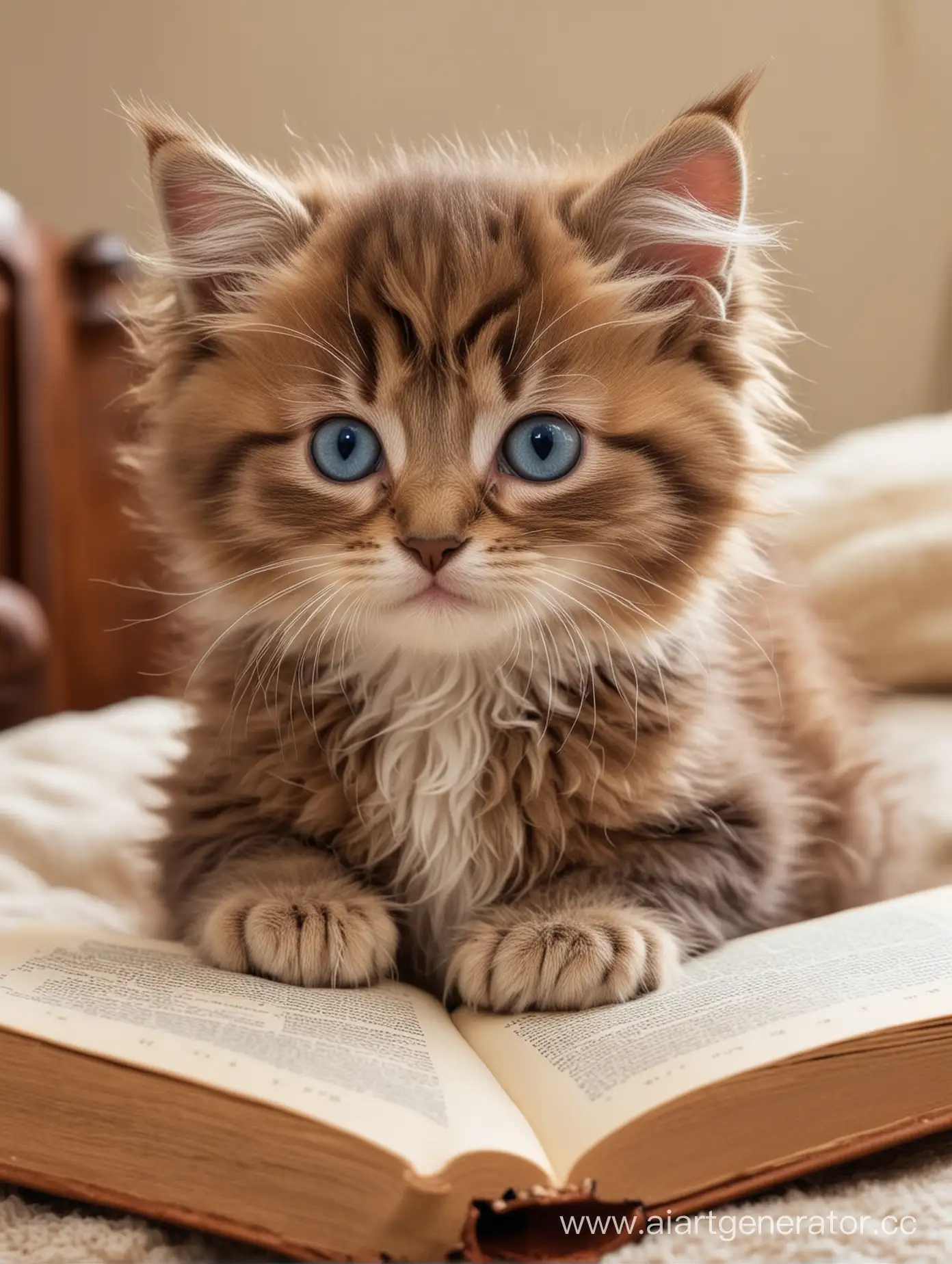 Маленкий котёнок с голубыми глазами , у которого на голове коричневые кудрявые волосы , он очень пушистый и милый. Он собирается садится читать властелина колец рядом с ним на кровати лежит эта книга , сам он тихонько сидит на той же кровати 