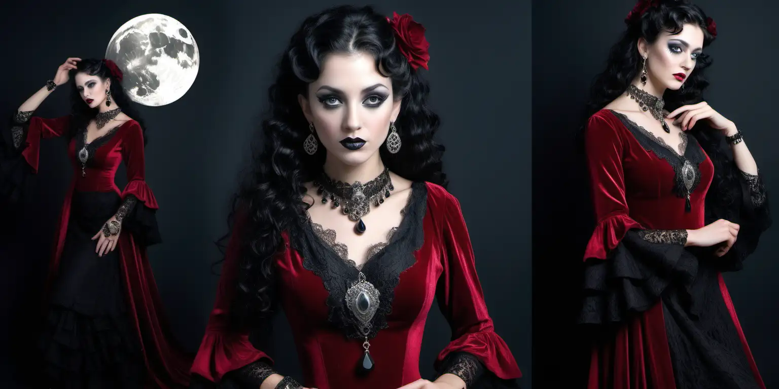 A  mystic lady with dark long curly  hair, black mascara on her eyelashes & black eyeliner, she is wearing a crimson velvet black lace dress & with  satin inserts & teardrop black jewels all around the hem of the dress , she wears Victorian Era drop earrings & matching black crystal & silver necklace & bracelet. She is reminiscing of her ancestors during her ritual of protection magic. In the background is a beautiful ornate gypsy wagon & 2 horses , it is midnight

