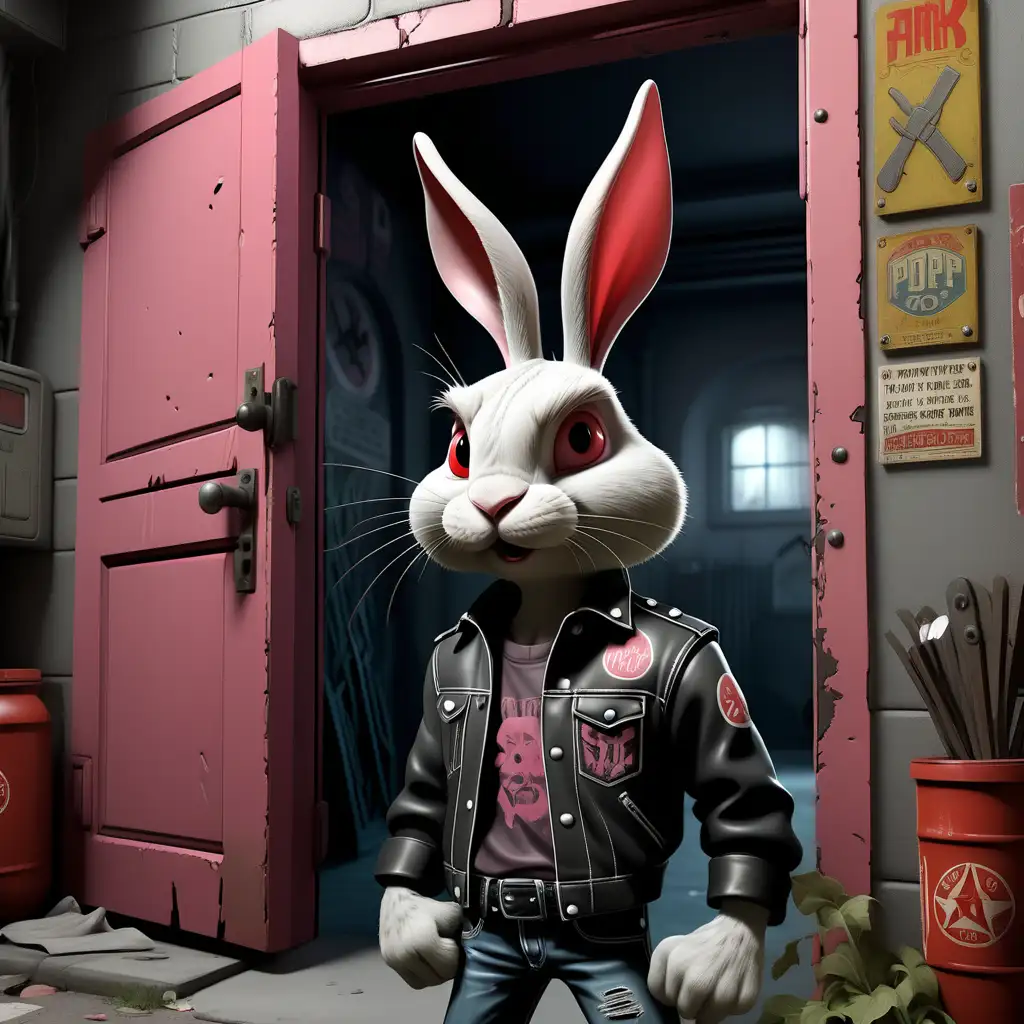 a brutal rabbit in punk rock clothes took his hand to the side, on the street he invites you to enter the iron door
of the Soviet garage
 .Cinematic lighting of Fary tale, 16k, high detail -v 5.2 complex details. —stylized rendering 750 —v 5.1 A, clear neo-pop illustrations, pop art graphics, Southern Gothic -AR 4:5 -Niji 5:Neo—pop illustrations, pop art graphics, Southern Gothic -AR 4:5 —Niji 5:16k, high detail —version 5.2 complex details. —stylized rendering 750 —v 5.1 A, clear neo-pop illustrations, pop art graphics, southern Gothic —AR 4:5 —niji 5: