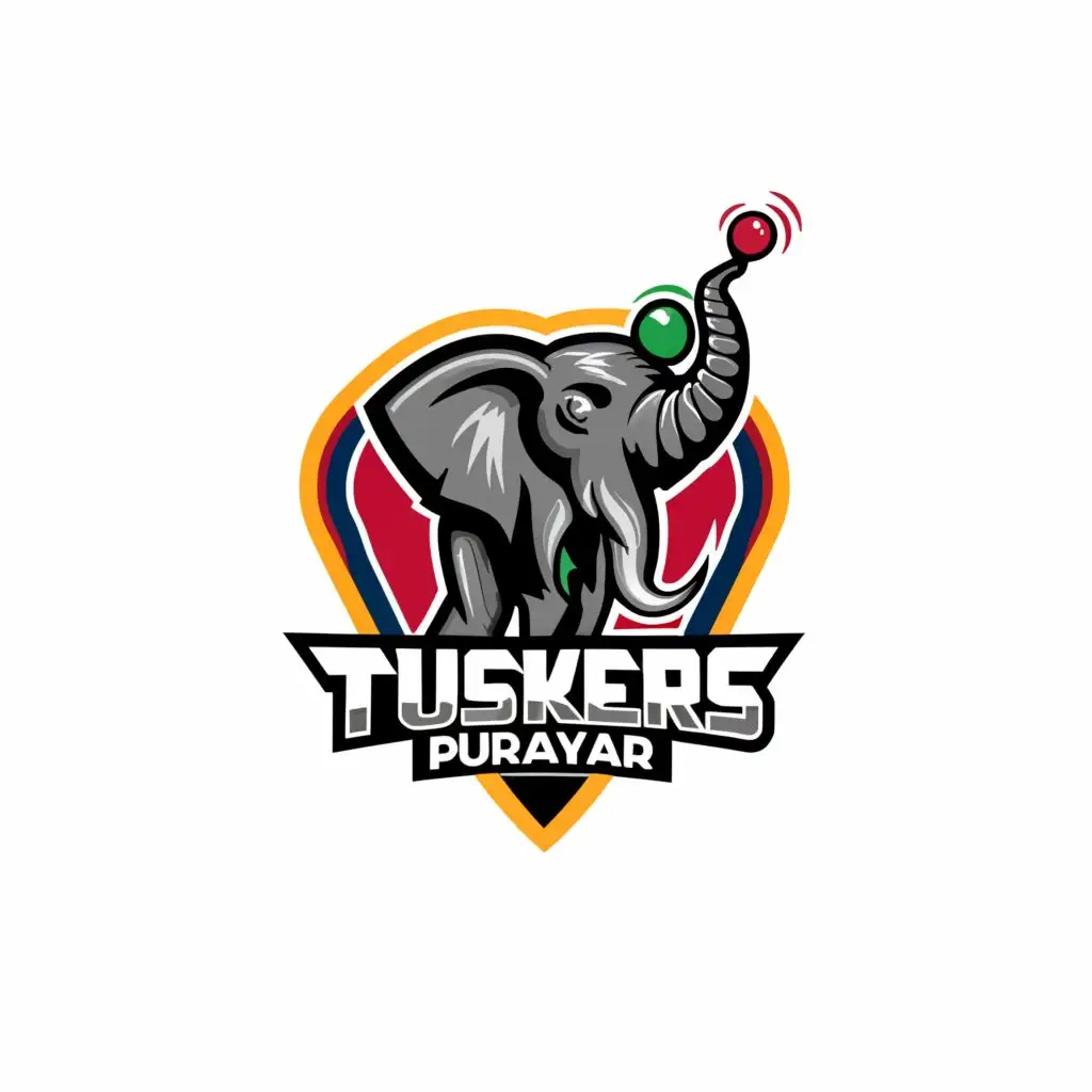 a logo design,with the text "Tuskers purayar", main symbol:Tusker, cricket bat, cricket ball,complex,be used in Sports Fitness industry,clear background