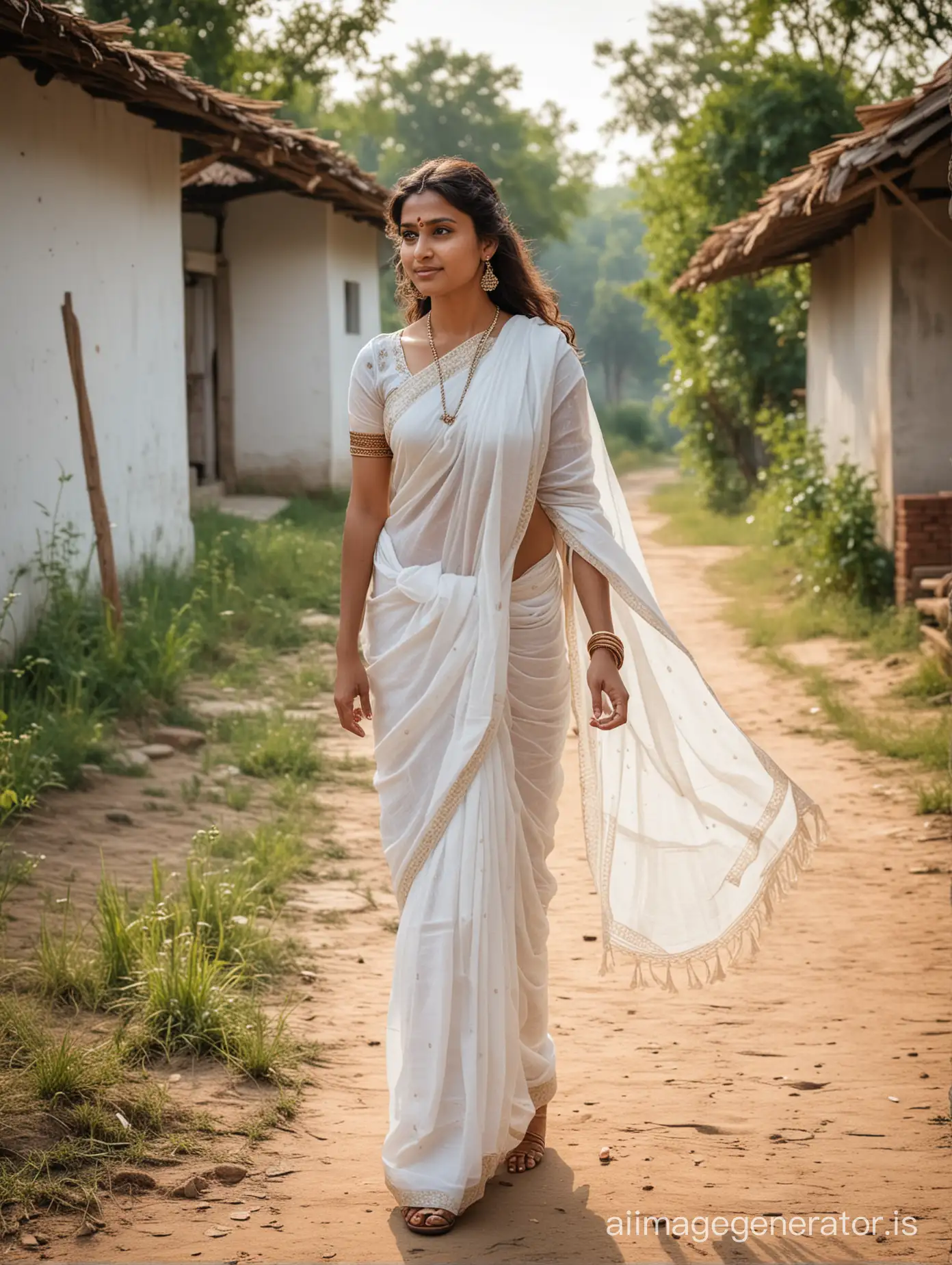 A photo of michela an indian prosperous village woman just came back home from village with white saree. Wide full view shot.