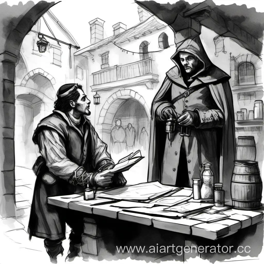 Medieval-Investigator-Interrogating-Paint-Merchant-in-Fantasy-Sketch