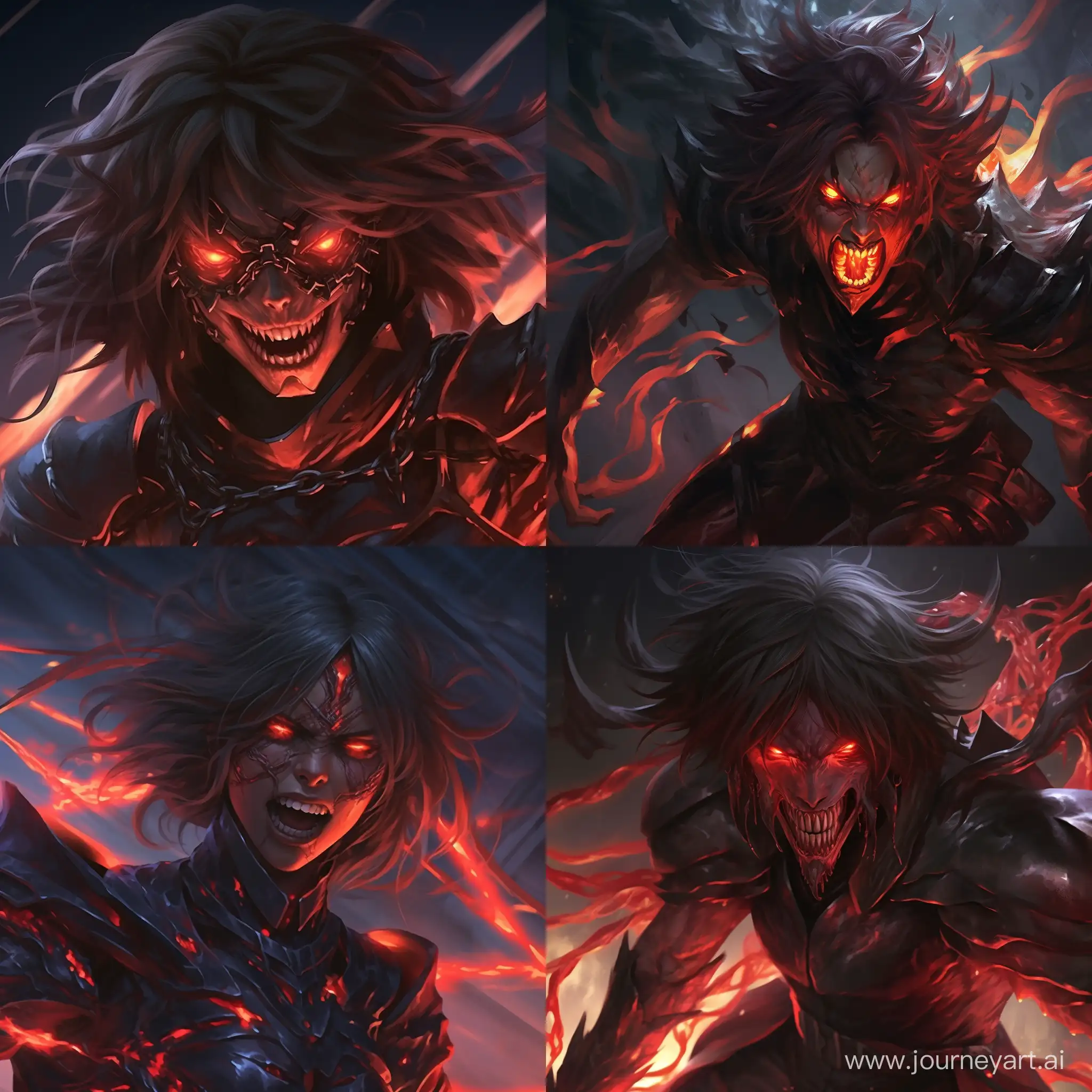 Full-length photorealism. A close up of a person with an evil look on their face, tumblr, (anime Kabaneri of the Iron Fort), with glowing red eyes, synthetic maw, mouth open in a terrifying roar, ufotable, evil pose