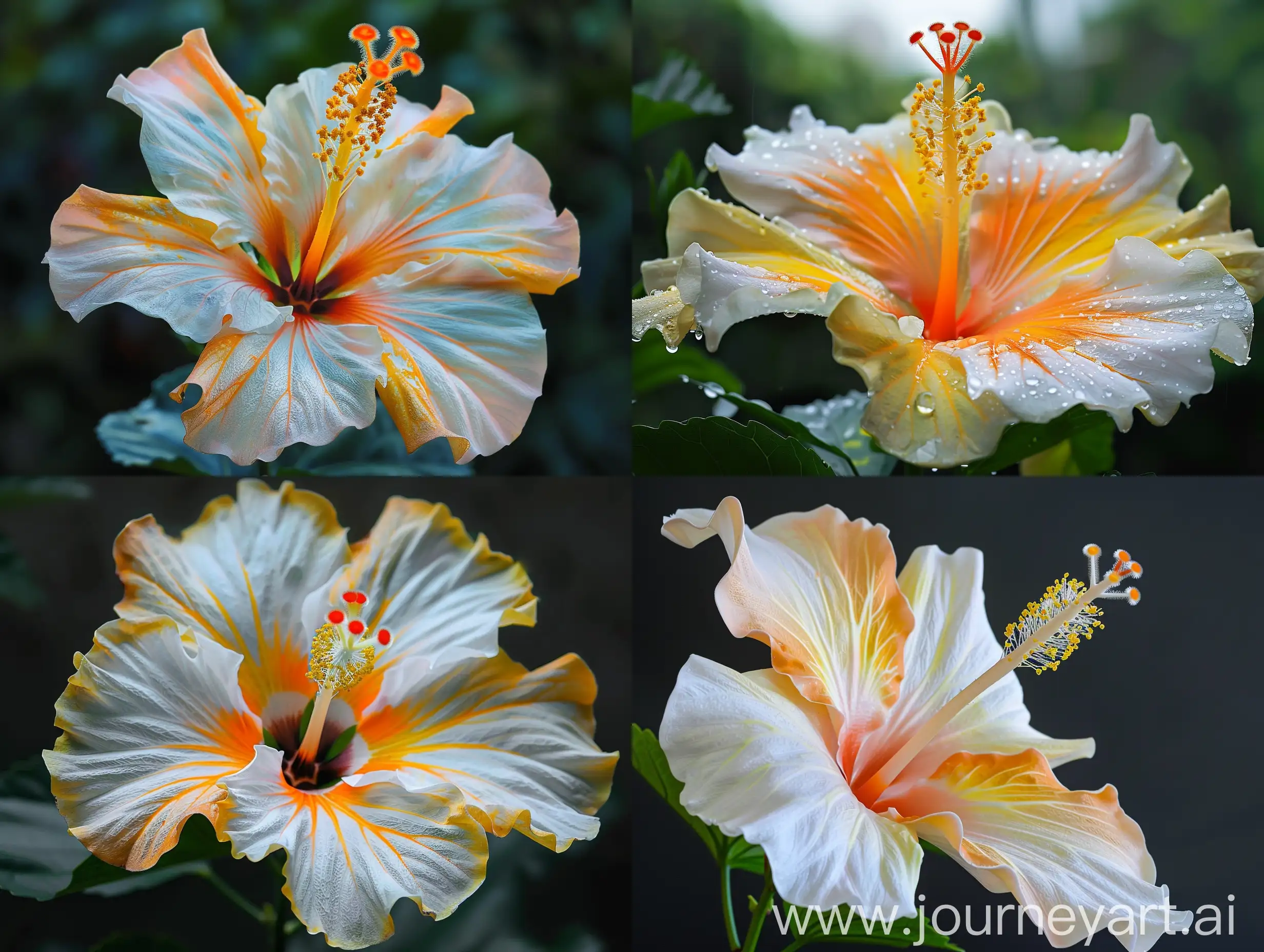 generate a unique tropical hibiscus flower with shallow depth of filed. the flower colours must be white, orange and yellow