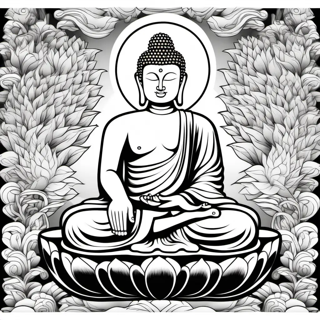--v 5 --q 2 create a drawing of Buddha, mural painting style, thin crisp lines, white body, white background, only two hands, simple, no shades, ,  easy for mural style coloring inside 