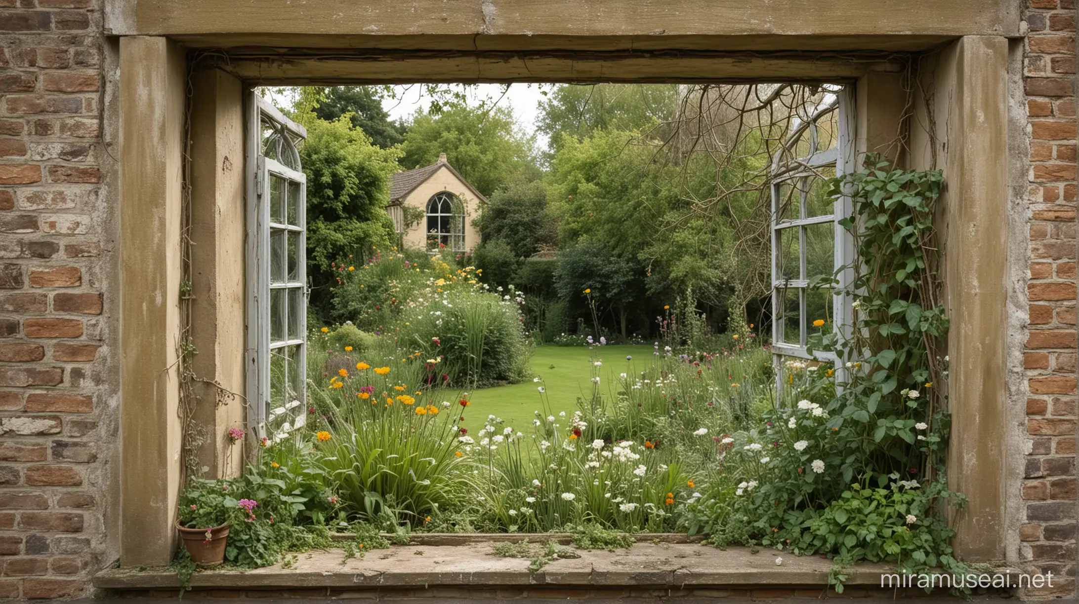 Looking out through a  Regency style window to a well cultivated English garden window is old and worn with paint flaking off cob webs around the window