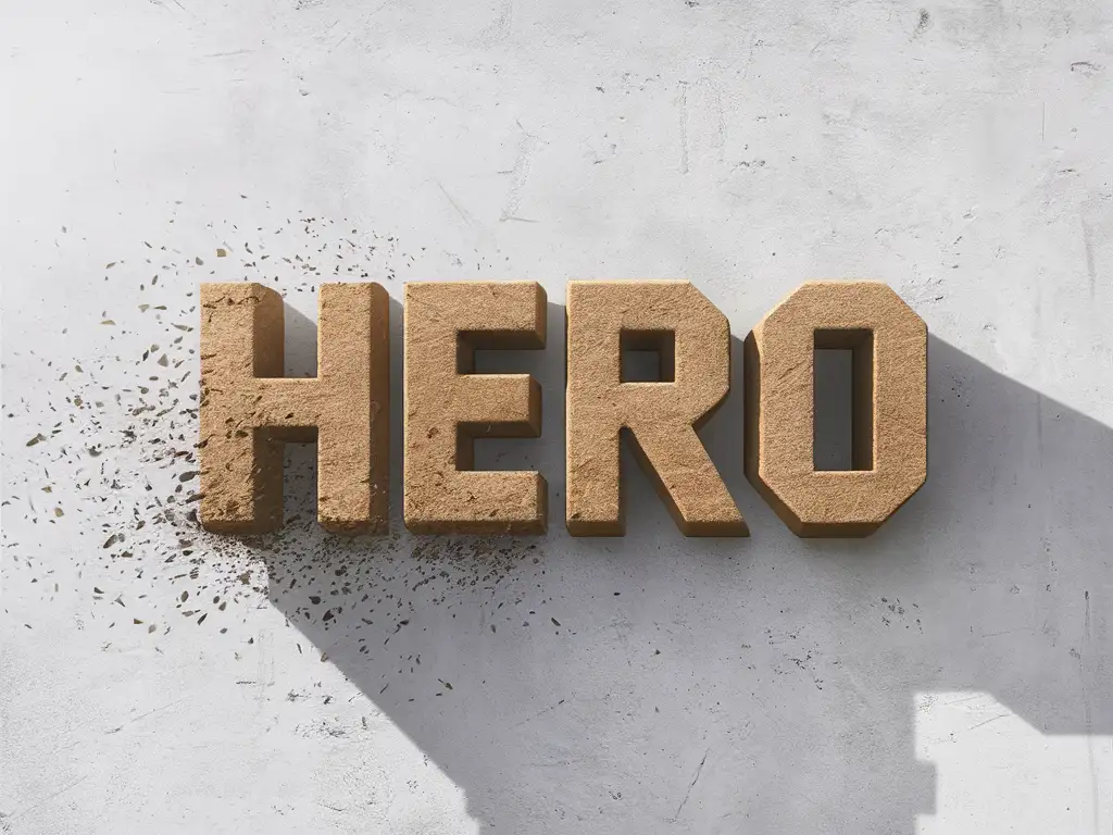 The word "Hero", text effect 3D, sandstone,wind blow from left to right, dispersion, pure white background