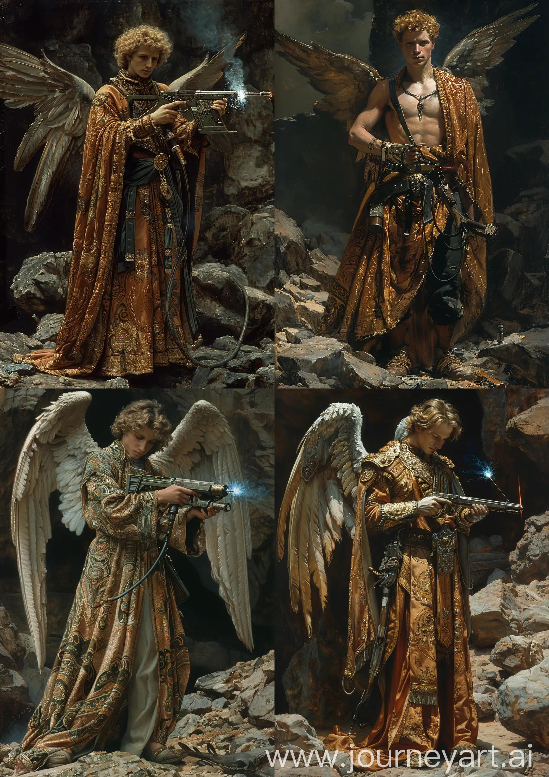 Male-Angel-Warrior-in-Ornate-Silk-Robes-with-AKA-47-on-Earthy-Rocks