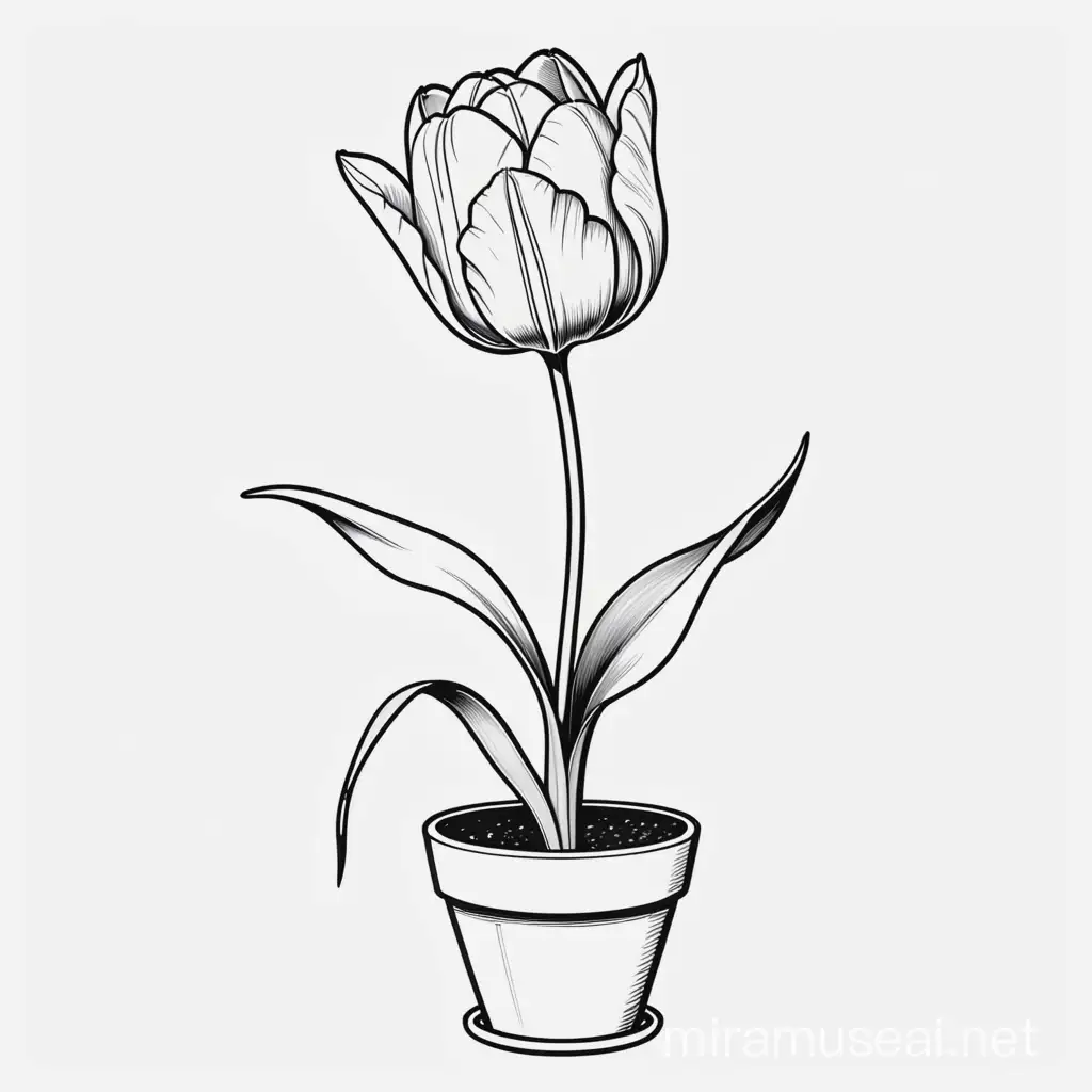 A simple, black and white, bold line art of a single tulip in a pot with a clear, mostly empty background. The illustration includes only outlines with no filled in black areas, ensuring no shading, no complex images, and making it very easy to color in between the lines.