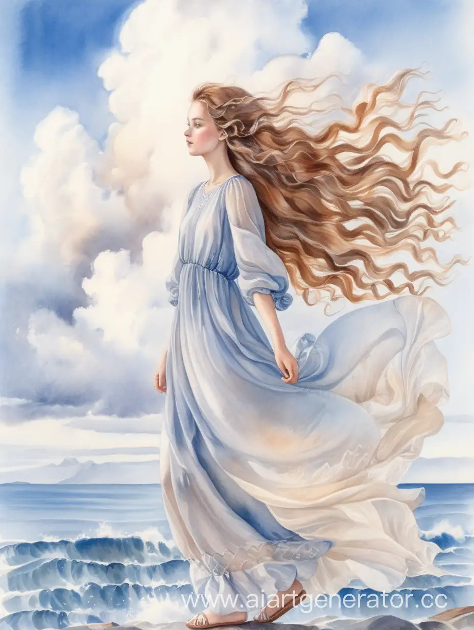 Serene-Watercolor-Painting-of-a-Slavic-Girl-Amidst-Vast-Sky-and-Sea