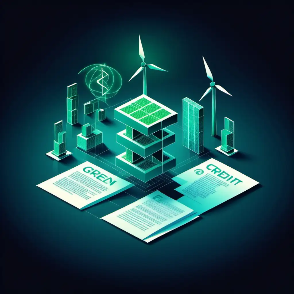 green energy credit paper contract illustration, dark background, no text, blockchain web3, teal blue