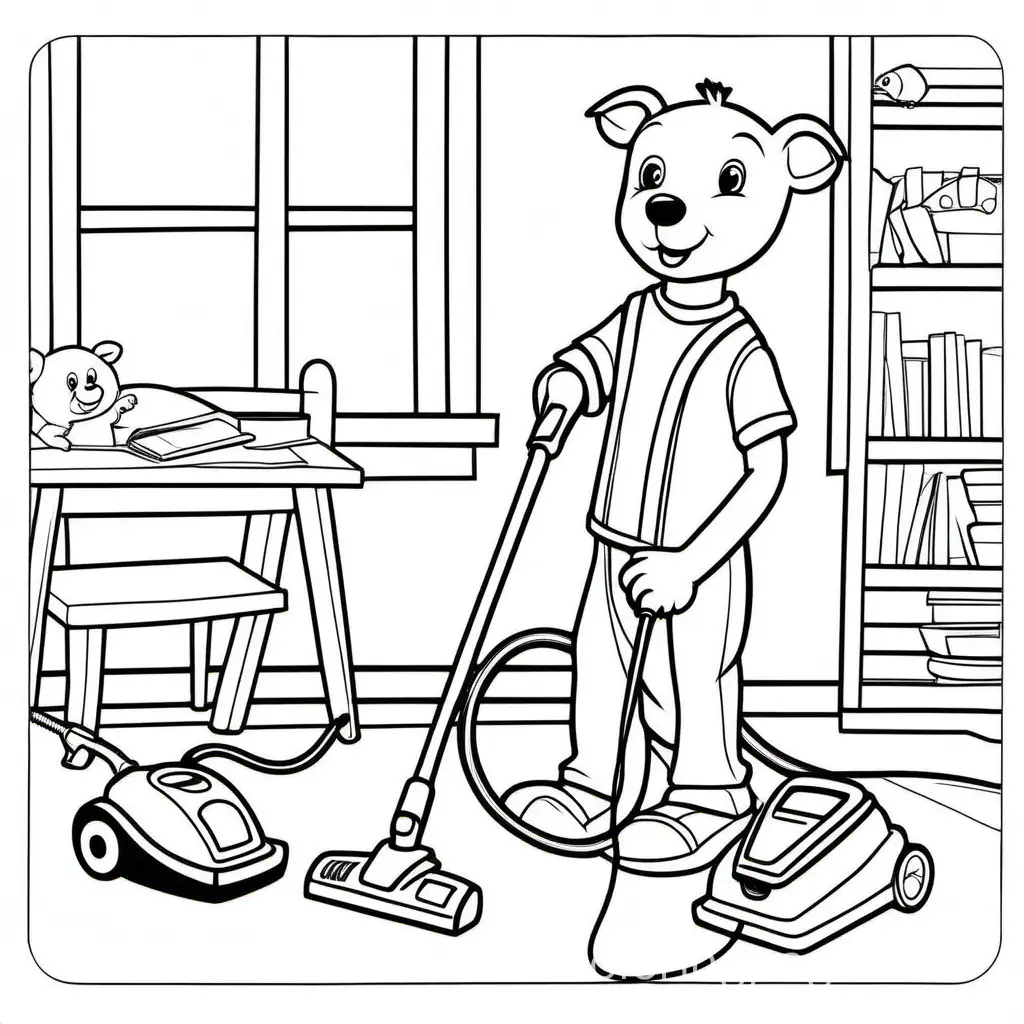 animals using a hoover, Coloring Page, black and white, line art, white background, Simplicity, Ample White Space. The background of the coloring page is plain white to make it easy for young children to color within the lines. The outlines of all the subjects are easy to distinguish, making it simple for kids to color without too much difficulty