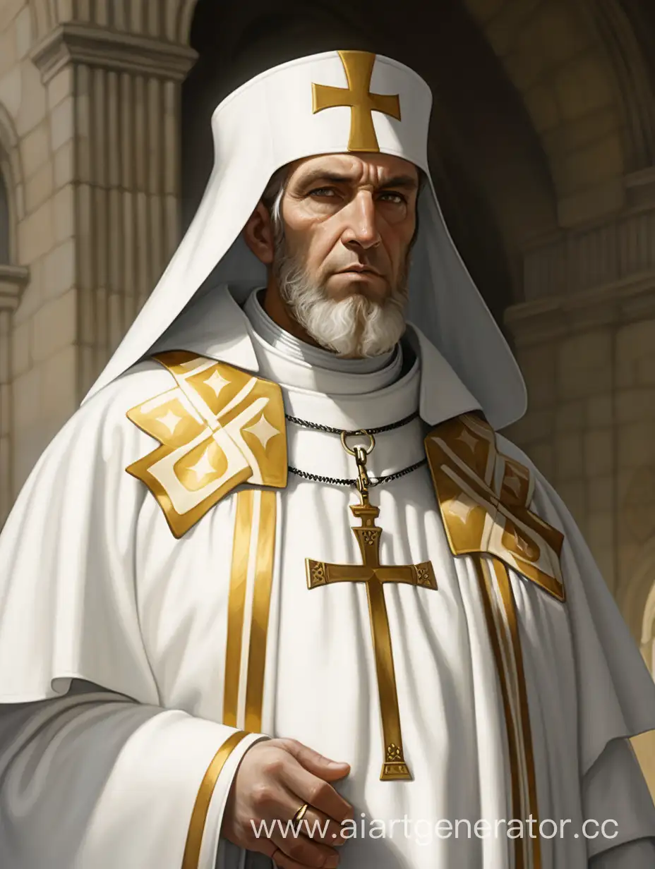 A templar priest in a white and gold cassock