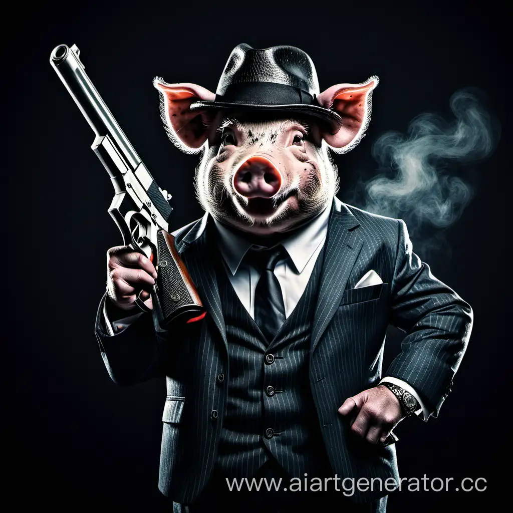 свинья в гангстерском костюме с пистолетом