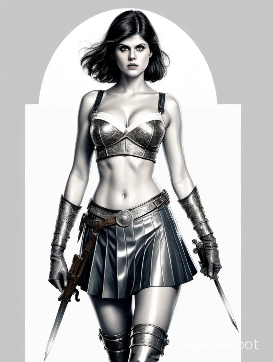 Young Alexandra Daddario, a Scandinavian adventurer mistress, short dark hair with bangs, large 4-size bust, narrow waist, wide hips, bra with steel embellishments, skirt with metallic overlays, white suede boots. weapon white background pencil drawing