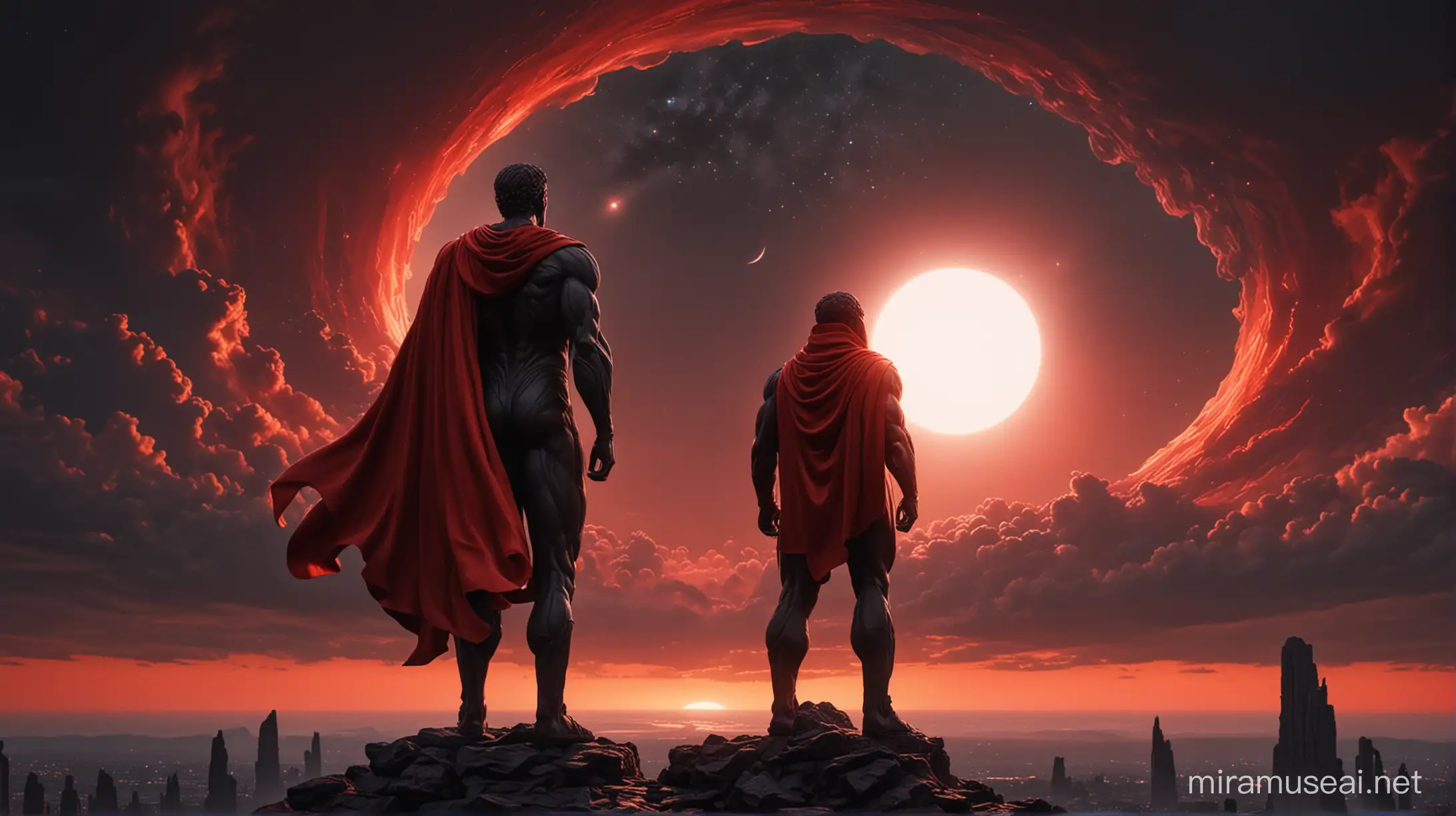 Stoicism, Motivation, stoic muscular statues outside , dark sunset,  looks at the sky and in the distance he sees a black hole, the sky is dark and has a red glow, the figure has a red cape