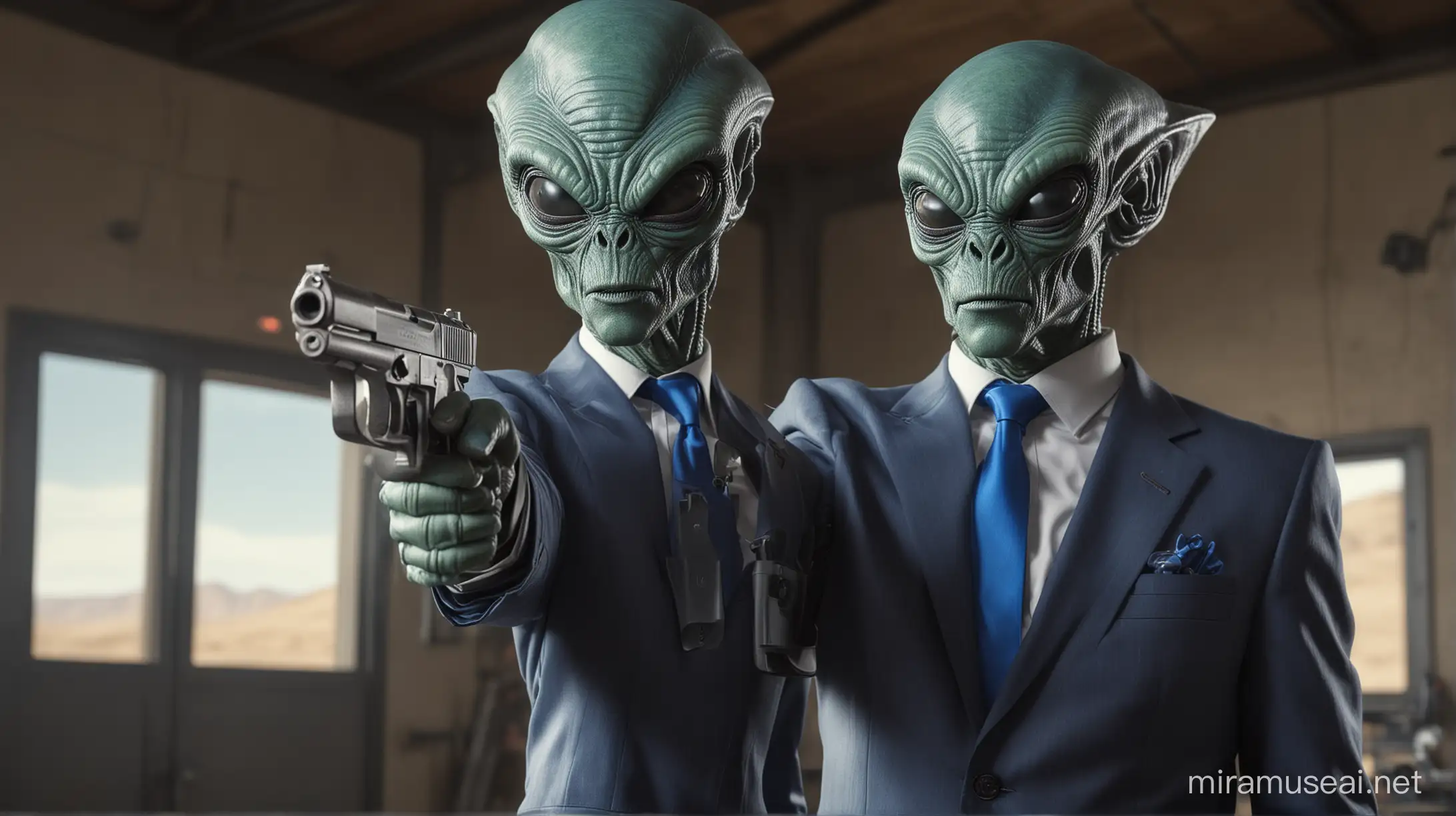 an alien dressed in a suit with a blue tie at a shooting range holding and aiming a realistic hand gun