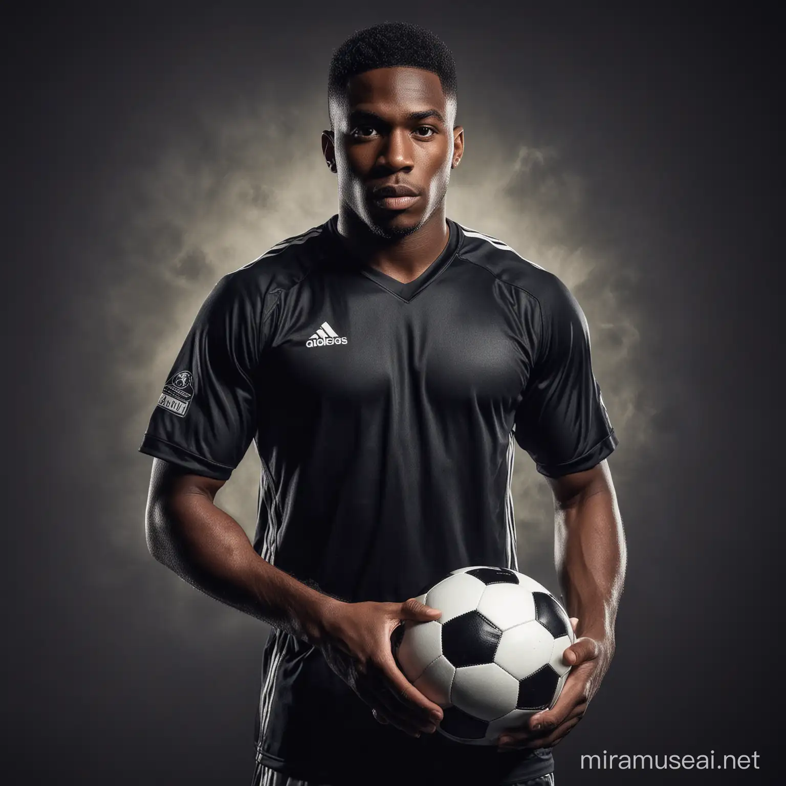 Determined Black Soccer Player with Football Against Dramatic Background