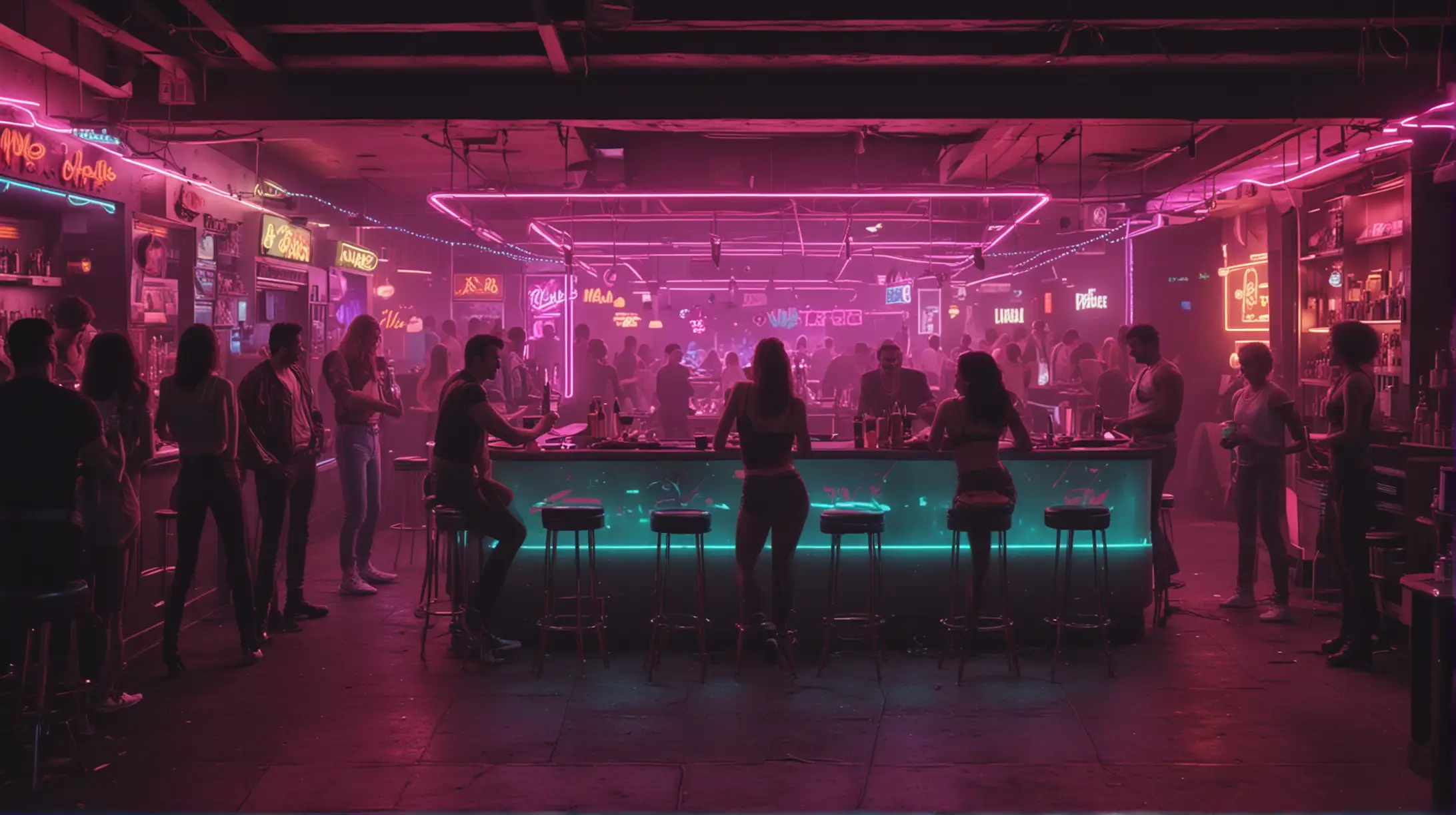 an 80s neon environment with lots of people enjoying a cool bar