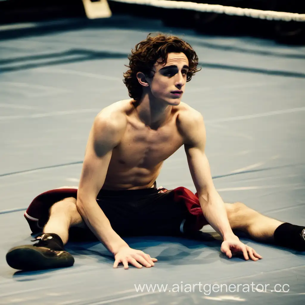 shirtless Timothy Chalamet in a wrestling ring