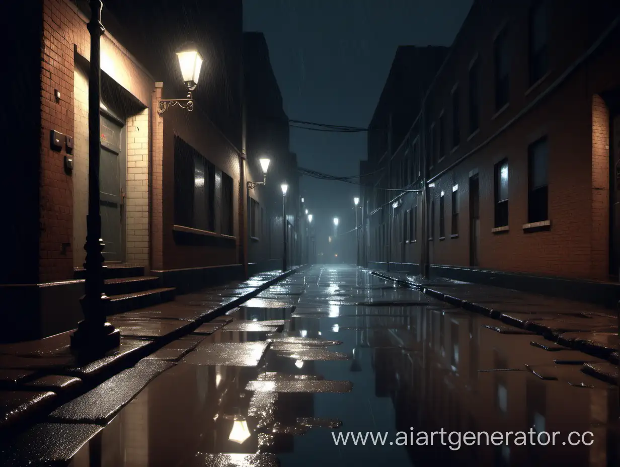 Rainy-Night-in-a-Deserted-Alley-with-Lampposts