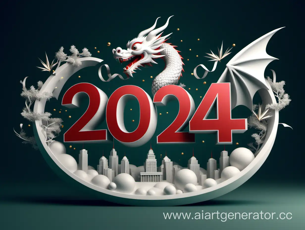 надпись "2024" в 3Д стиле. В новогоднем стиле. Еще есть летающий новогодний   дракон приносящий радость 
