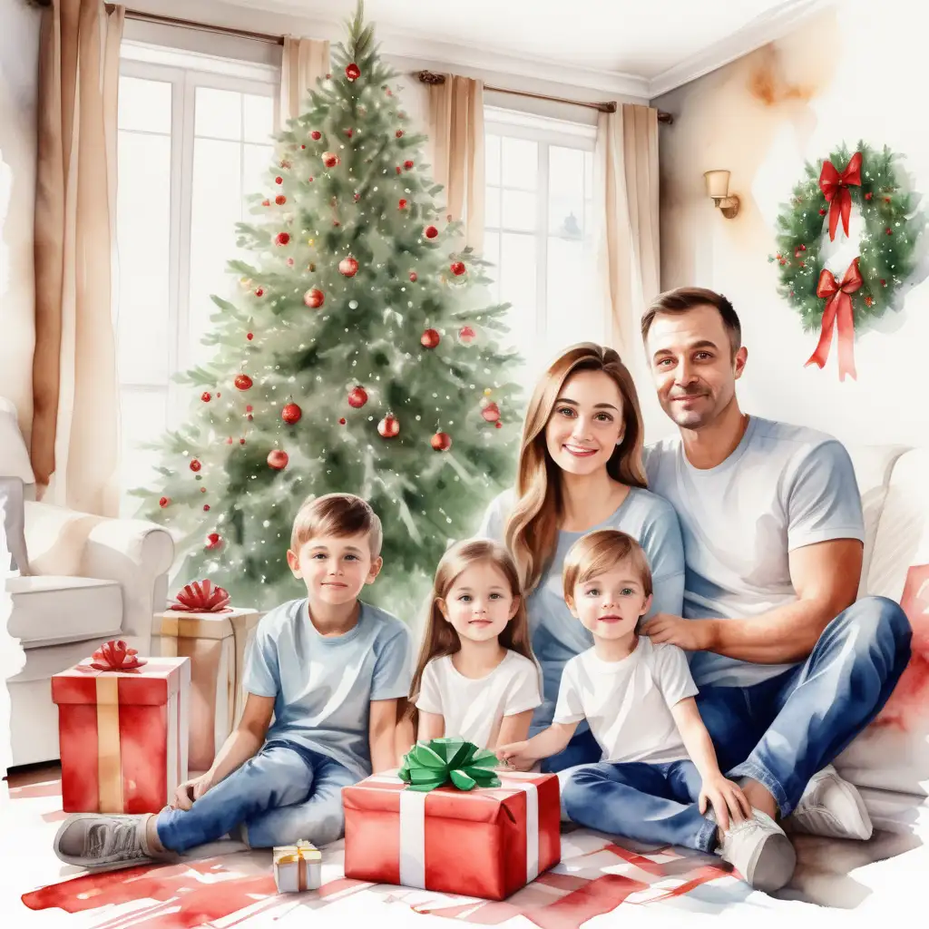 Festive Family Unwrapping Gifts Around Christmas Tree in Warm Watercolor