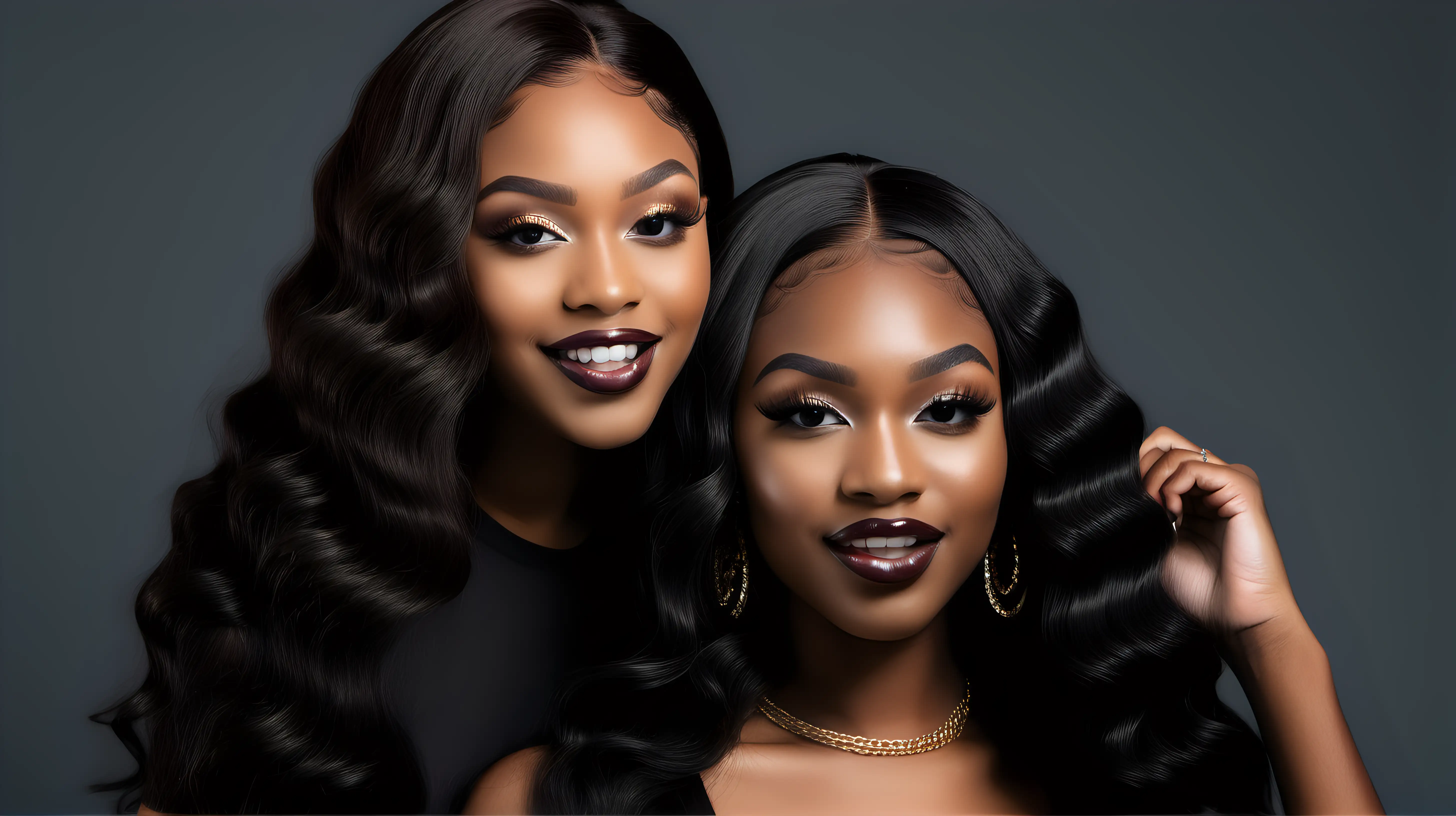 two beautiful young black women coordinating outfits of the same color, with big lips glam makeup and silky straight HD lace wigs, thick full eyelashes and gold jewelry, a photoshoot for a hair boutique for 18 to 25 -year -olds, long hair and glam makeup, Fashion Nova vibe, photorealistic, high detailed, glam, hd photography, fashion
nova clothing, boutique made clothes, brazilian wavy lace frontal 2b, in the style
of haunting elegance, chiaroscuro mastery, playful yet dark, iconic, high
gloss, nature - inspired, bold shadows, black woman, smiling with veneers
