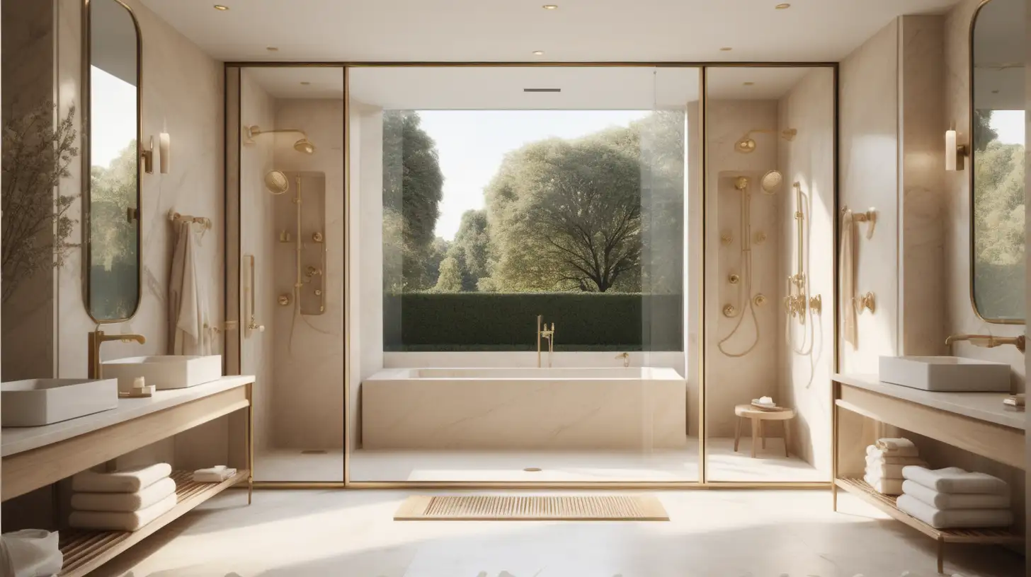 Hyperrealistic image of a modern Parisian estate home bathroom; large alcove shower with double shower heads; floor to ceiling window with a view of the gardens;  beige, light oak, brass, ivory colour palette