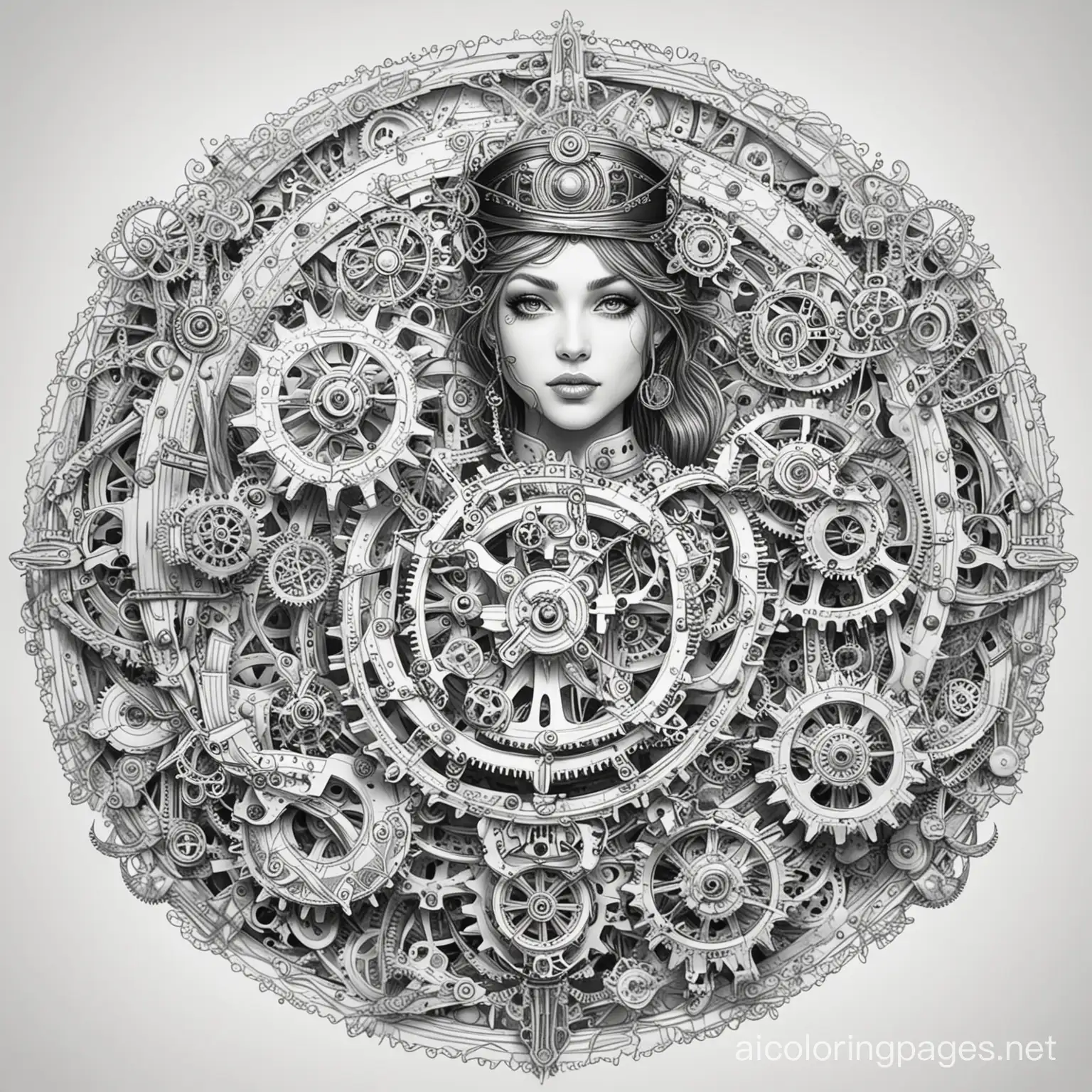 gothic steampunk and fusion of gothic and steampunk elements, with gears, clockwork, and victorian fashion, Coloring Page, black and white, line art, white background, Simplicity, Ample White Space. The background of the coloring page is plain white to make it easy for young children to color within the lines. The outlines of all the subjects are easy to distinguish, making it simple for kids to color without too much difficulty
