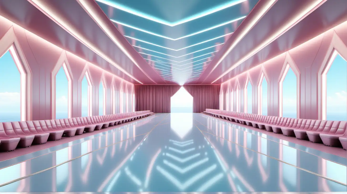long luxury runway interior. double height. elegant catwalk stage surrounded by seats. iridescent pink and baby blue. smooth surface floors. diamond encrusted fluid ceiling. archviz. lights. 1-point perspective. frontal perspective.