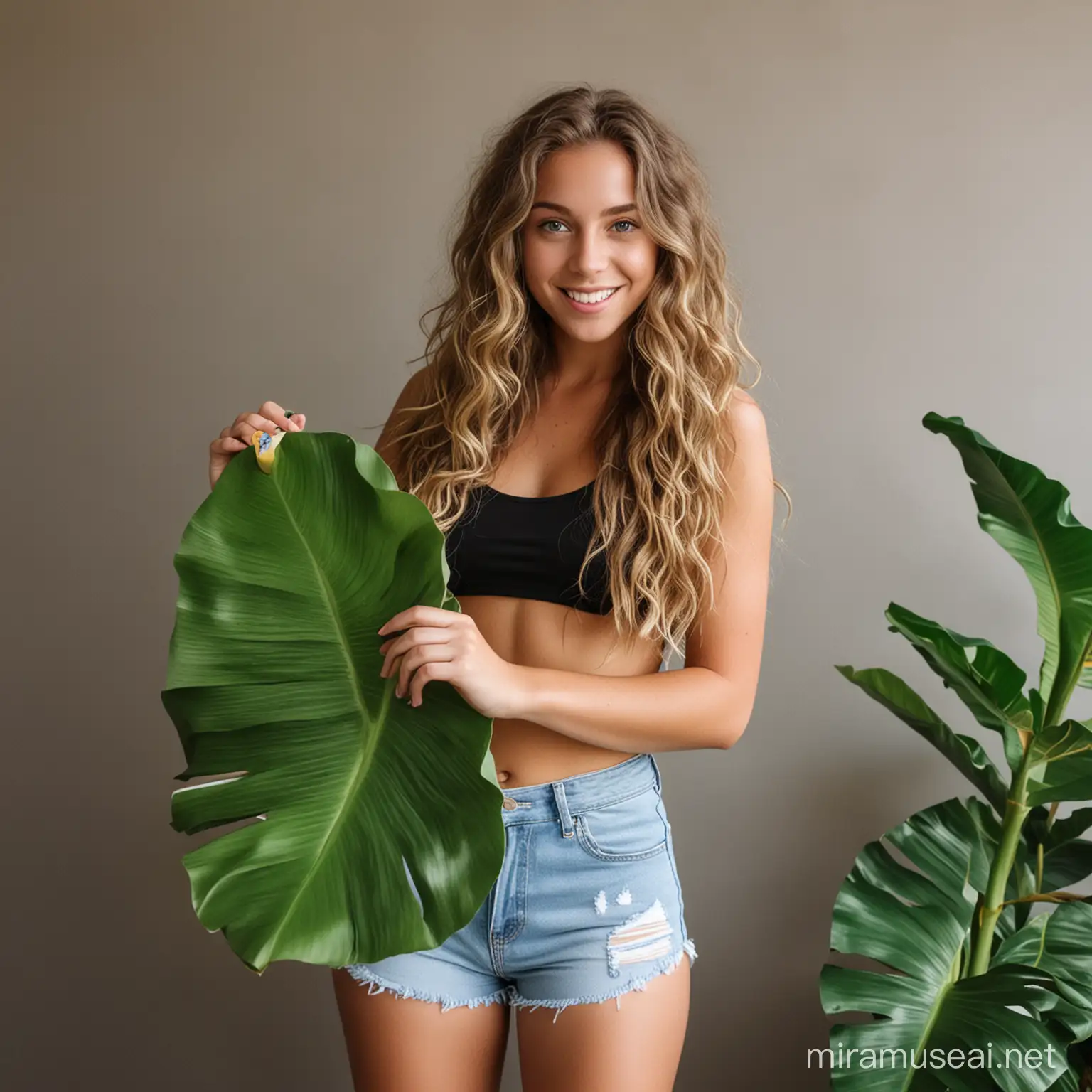 Young Girl with Wavy Hair Holding Banana Leaf Outdoors