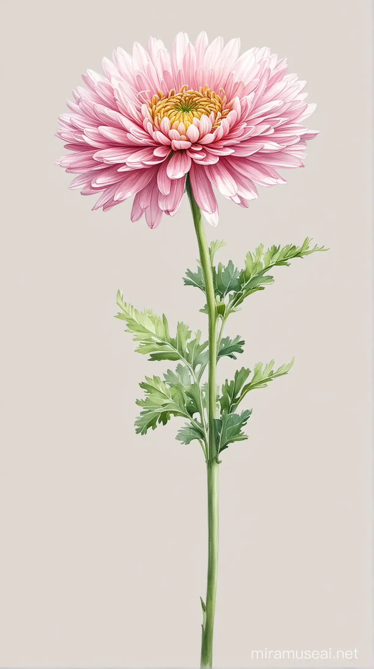 pink single Chrysanthemum flower with long stem in white background in watercolor pseudo style, leaning to the left, vibrant 