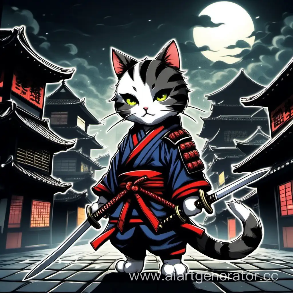 Adorable-Cat-Samurai-Roaming-the-Shadowy-Urban-Nightscape