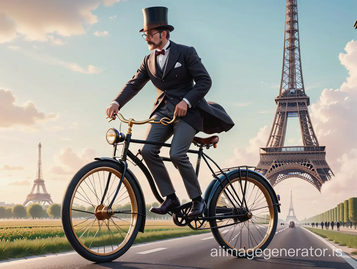 A small distinguished gentleman on an absolutely insanely enormous bicycle with ou of proportion enormously large wheels. Traveling all the way to Paris through the sky. Tiny cars on the road.