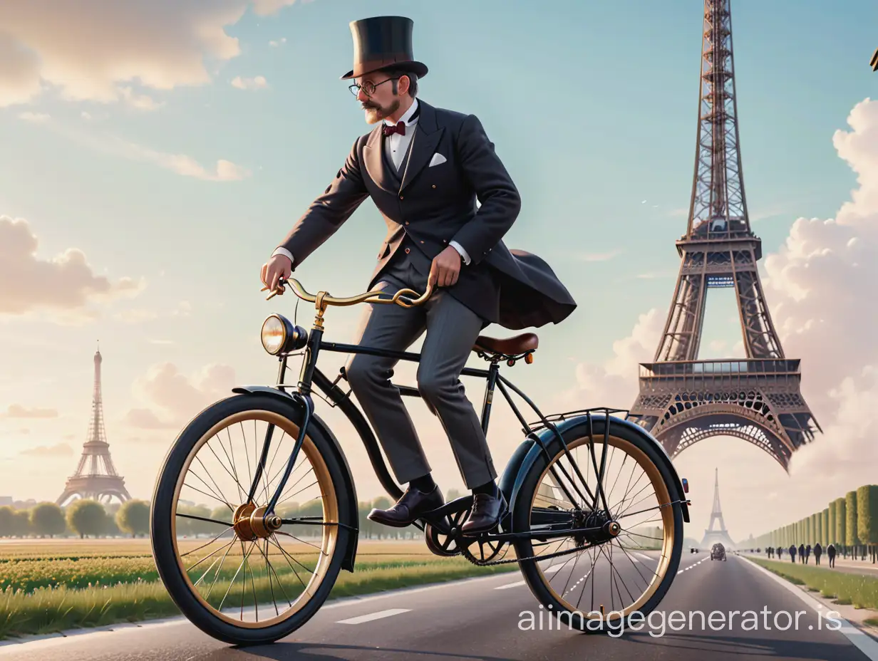 A small distinguished gentleman on an absolutely insanely enormous bicycle with ou of proportion enormously large wheels. Traveling all the way to paris through the sky. Tiny cars on the road.